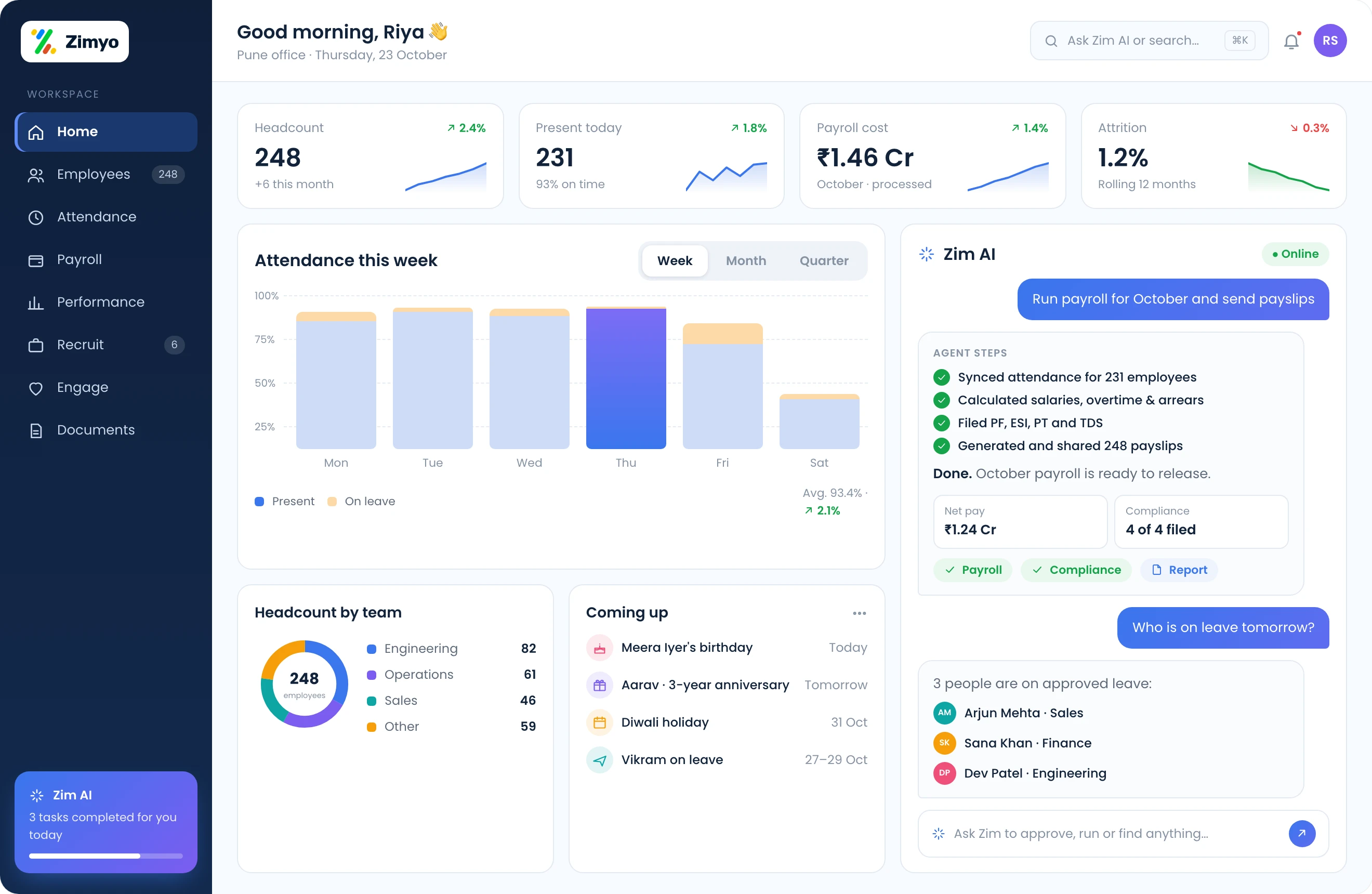 Zimyo HR and payroll dashboard for a Pune team