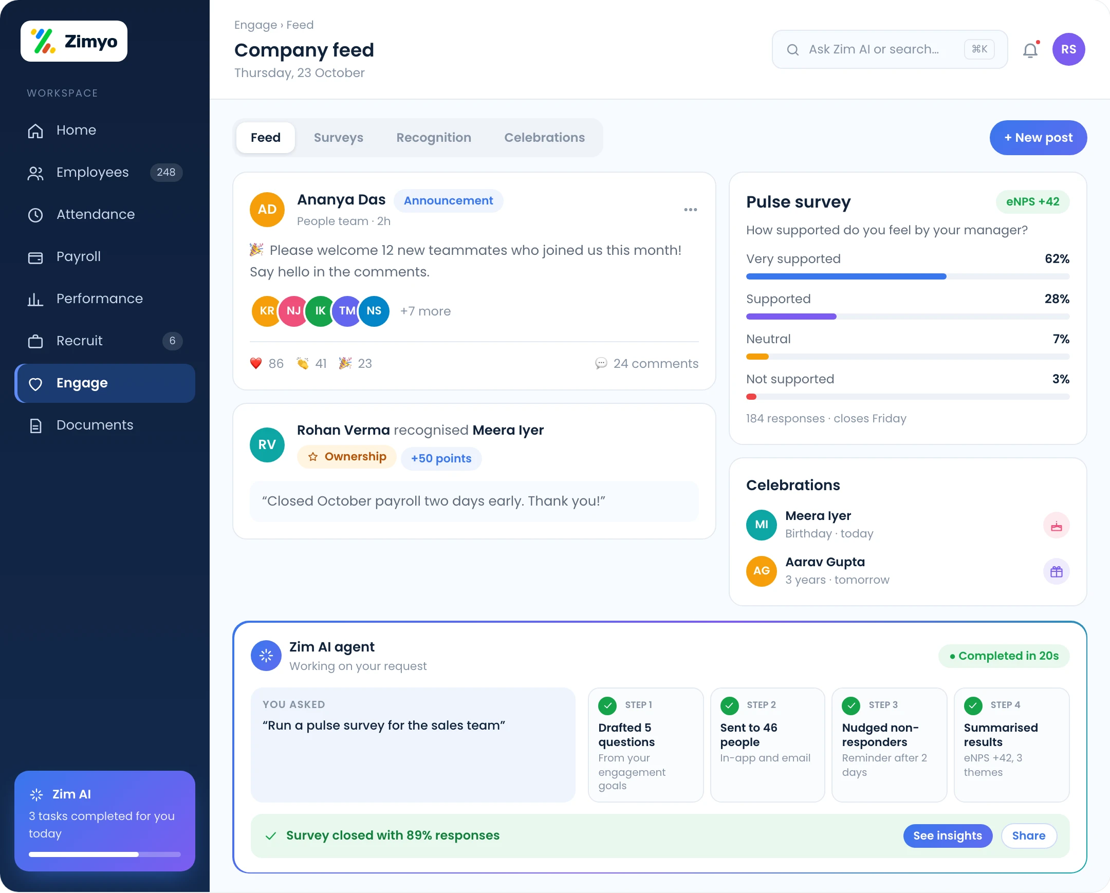 Zimyo company feed and pulse survey