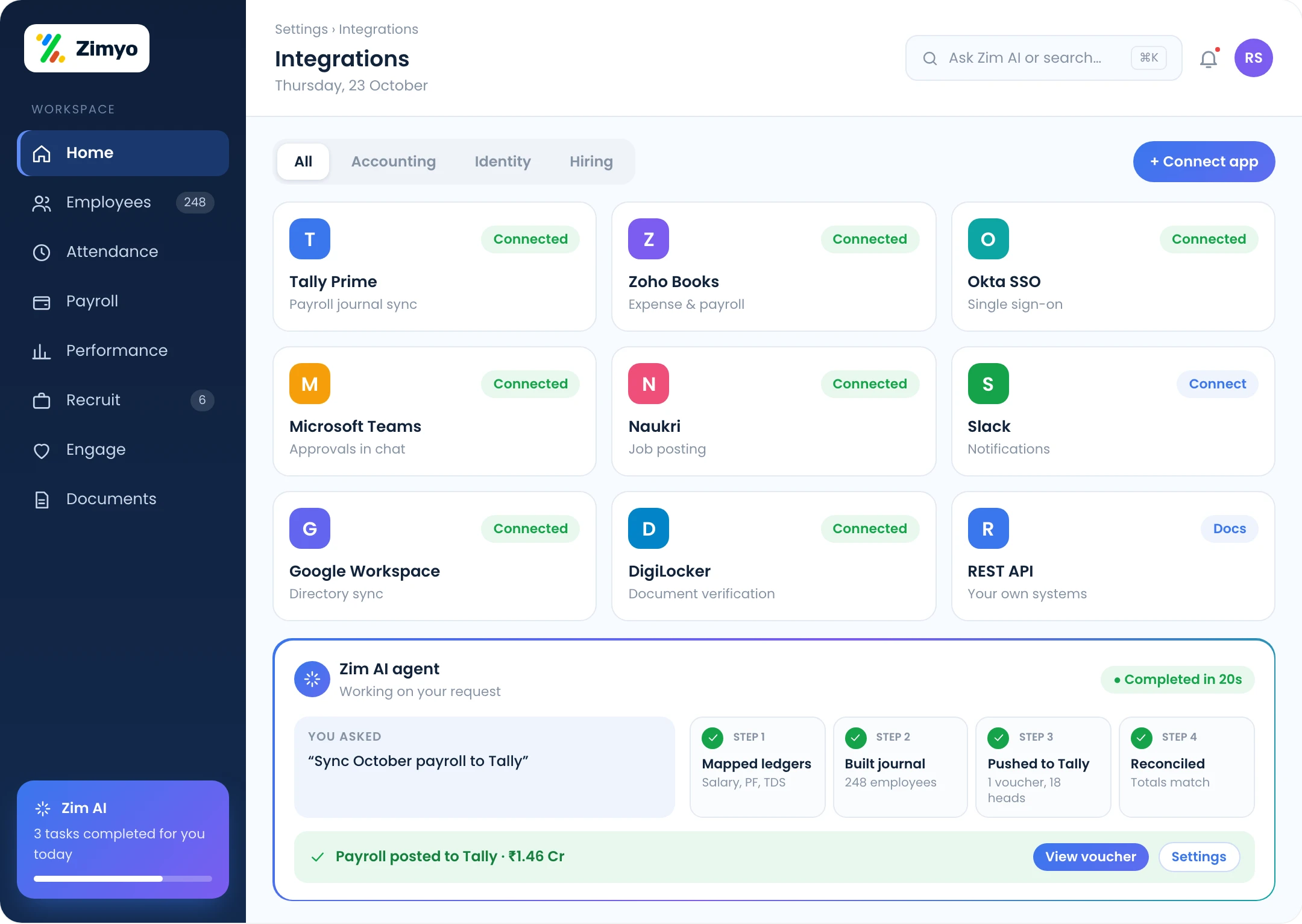 Zimyo integrations screen with the Zim AI agent