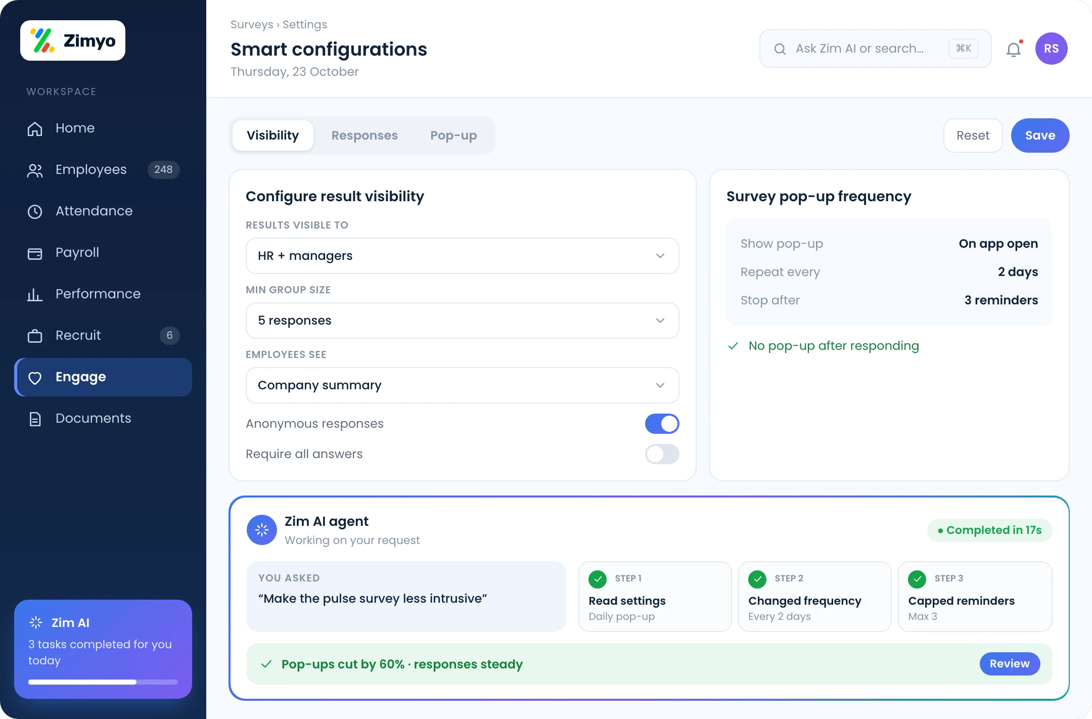 Survey configuration screen with result visibility, anonymity, response validation and pop-up frequency