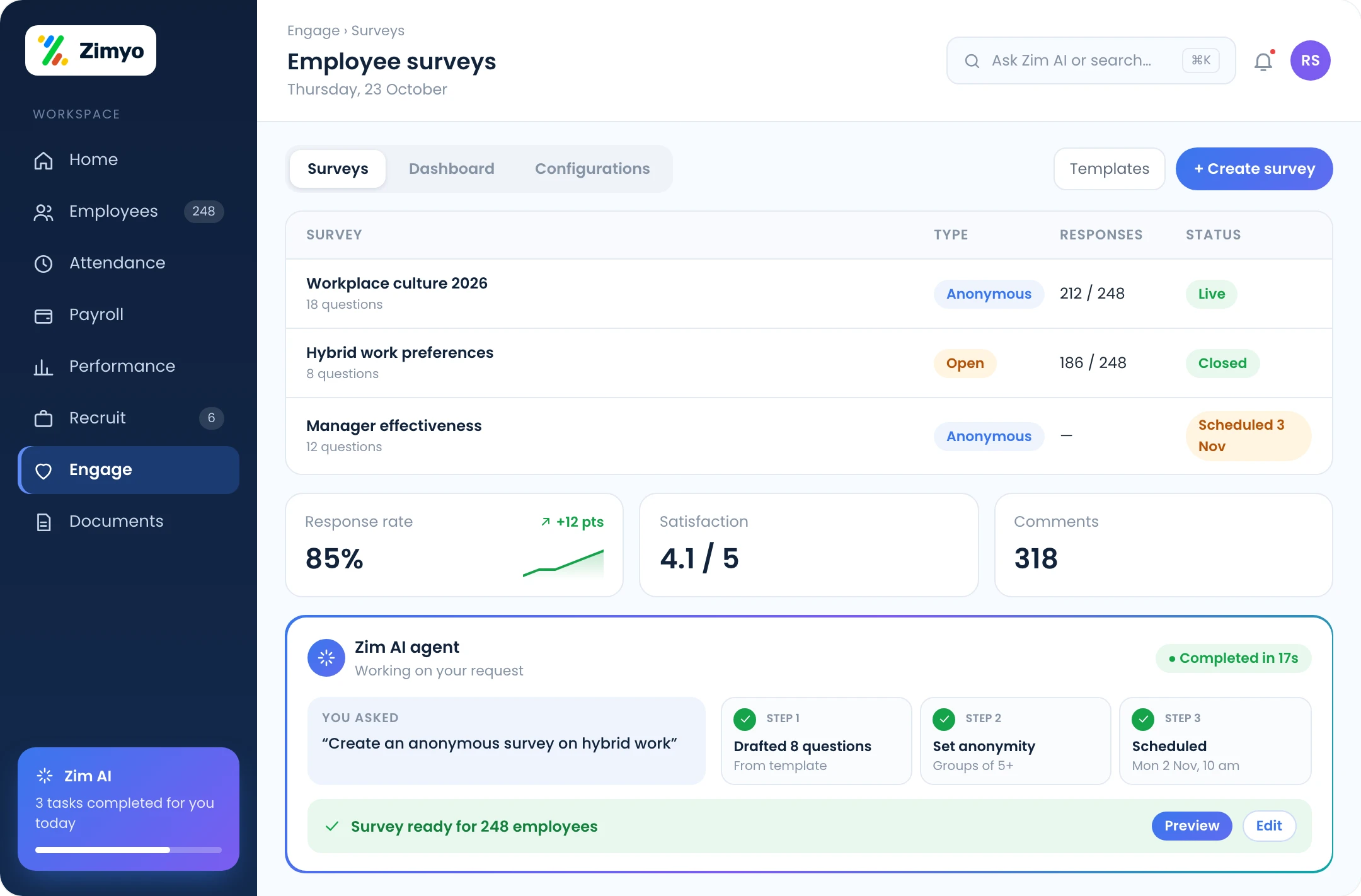 Zimyo employee surveys: open or anonymous surveys, analytics dashboard and survey settings