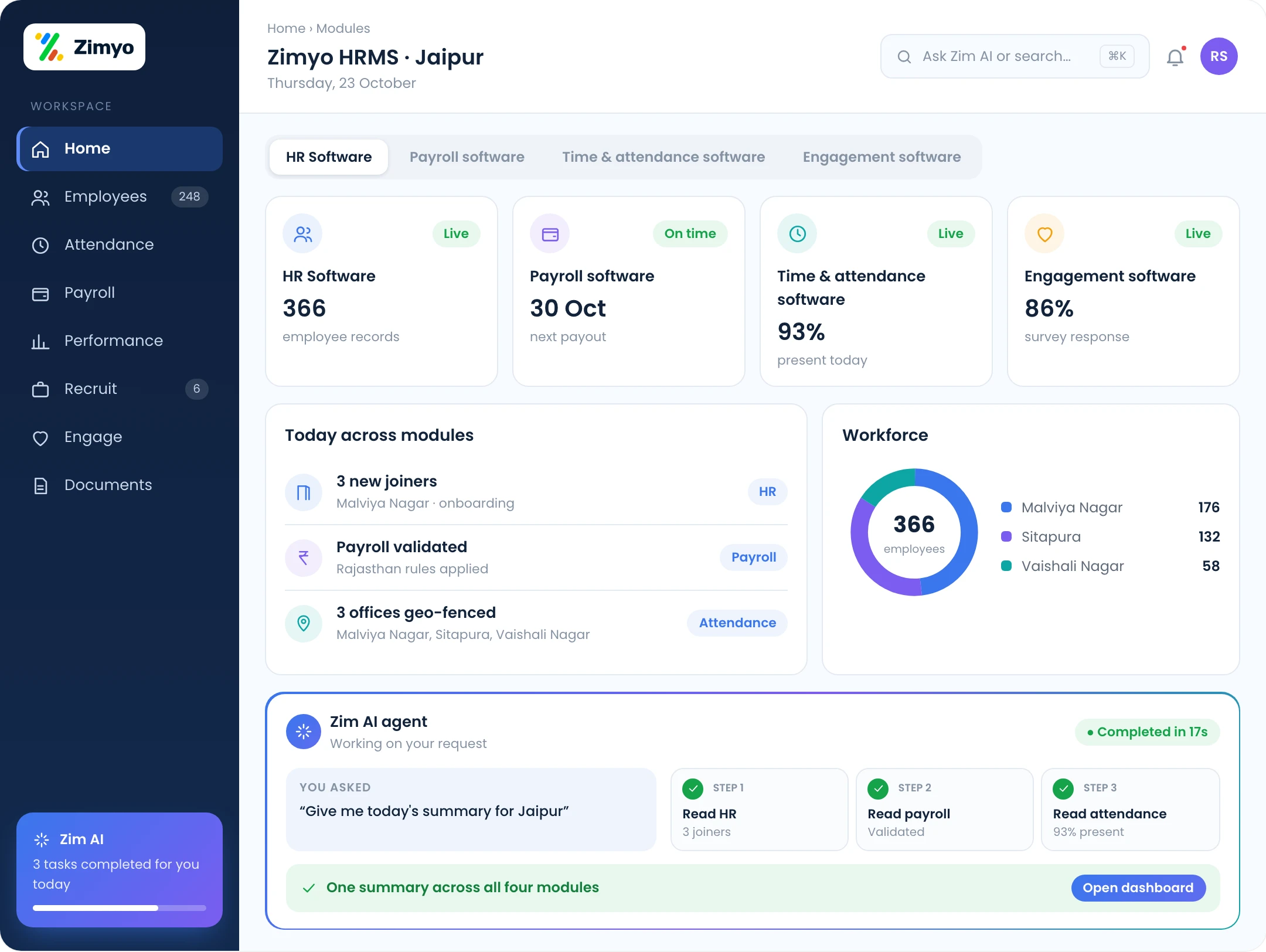 Zimyo HR and payroll software for Jaipur: one platform for HR, payroll, attendance and engagement