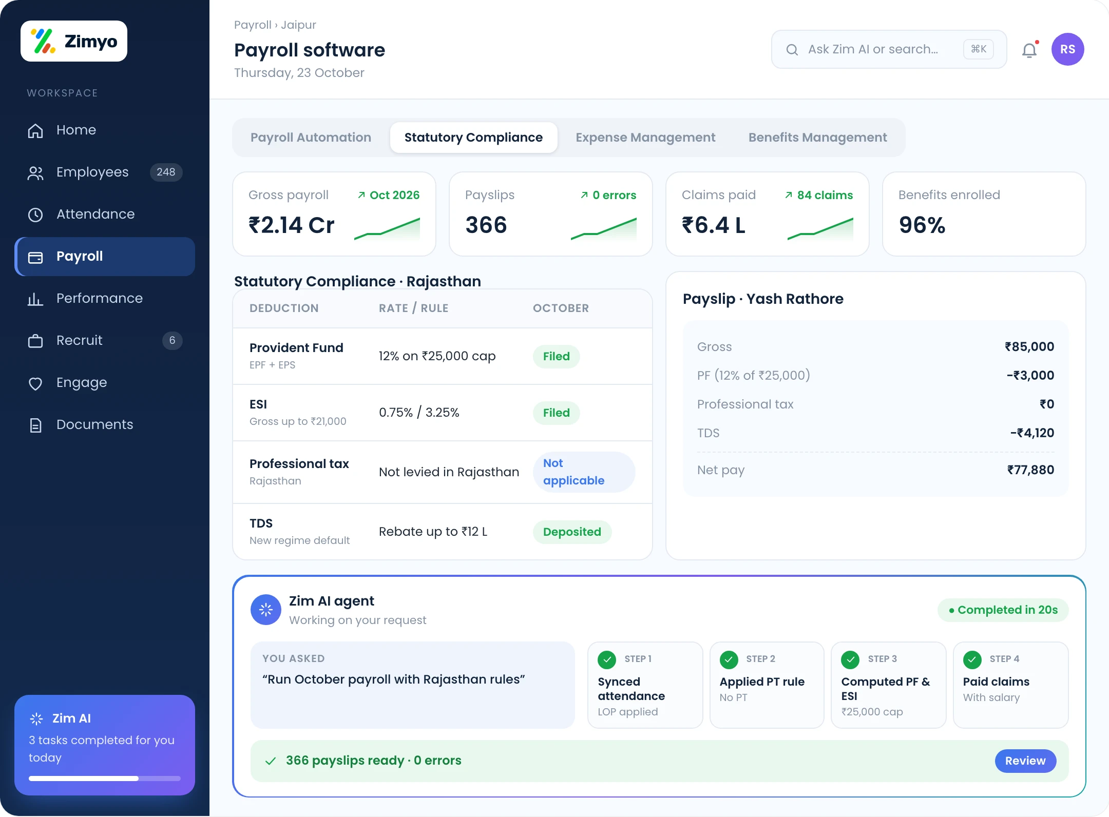 Zimyo payroll for Jaipur: automation, statutory compliance with Rajasthan professional tax rules, expenses and benefits
