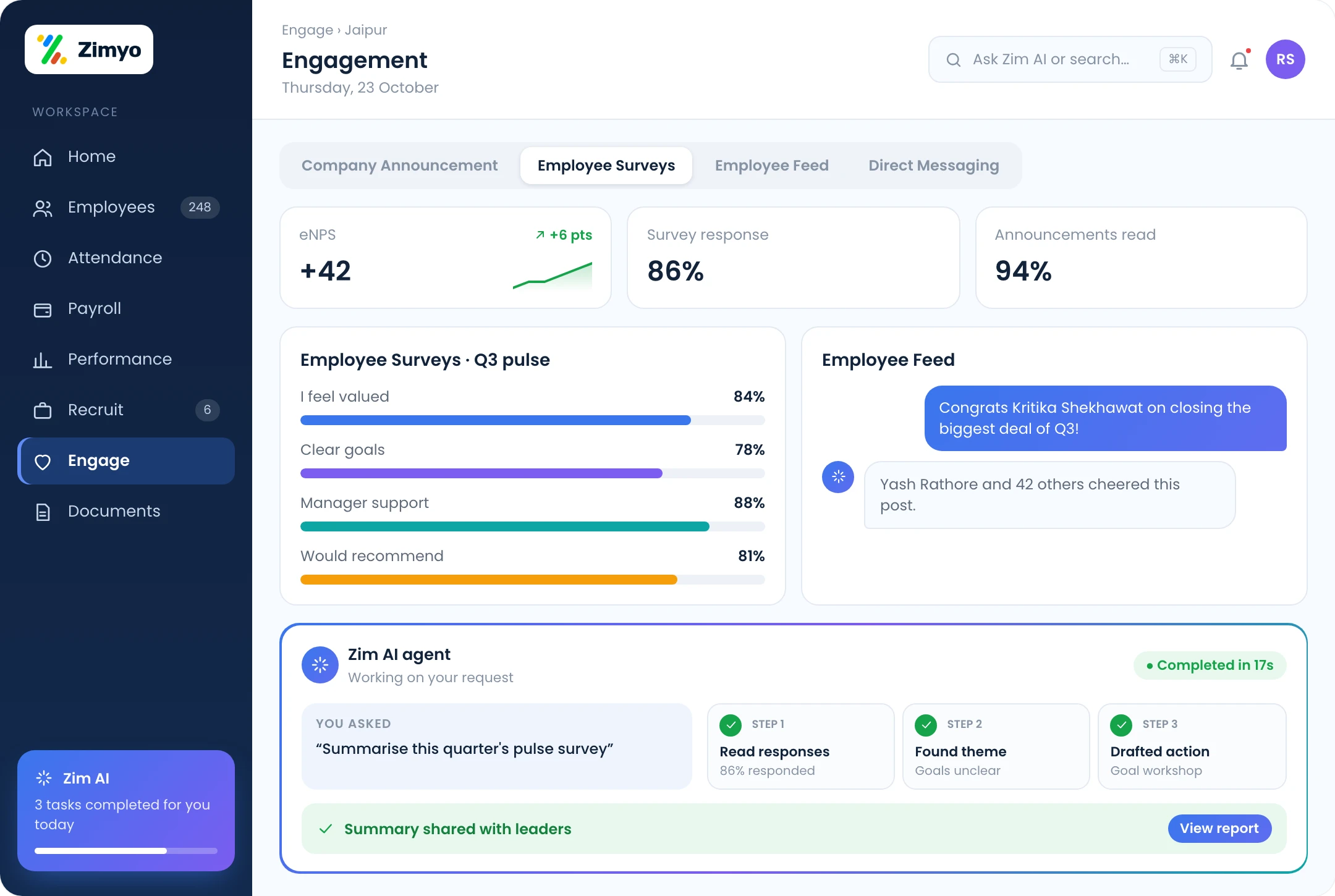 Zimyo engagement for Jaipur: company announcements, employee surveys, employee feed and direct messaging