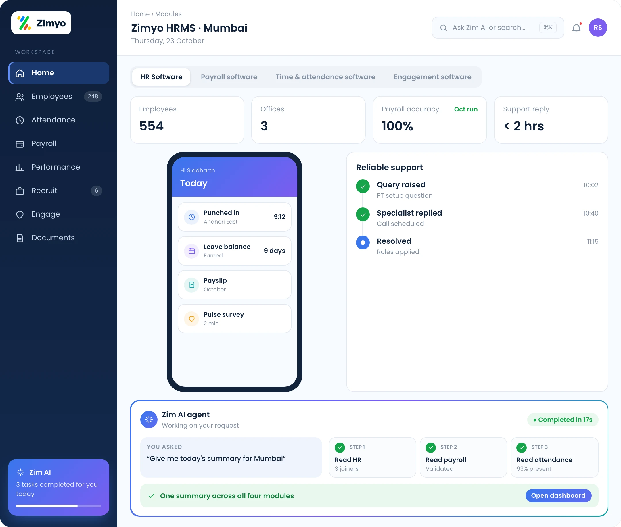 Zimyo HR and payroll software for Mumbai: one platform for HR, payroll, attendance and engagement