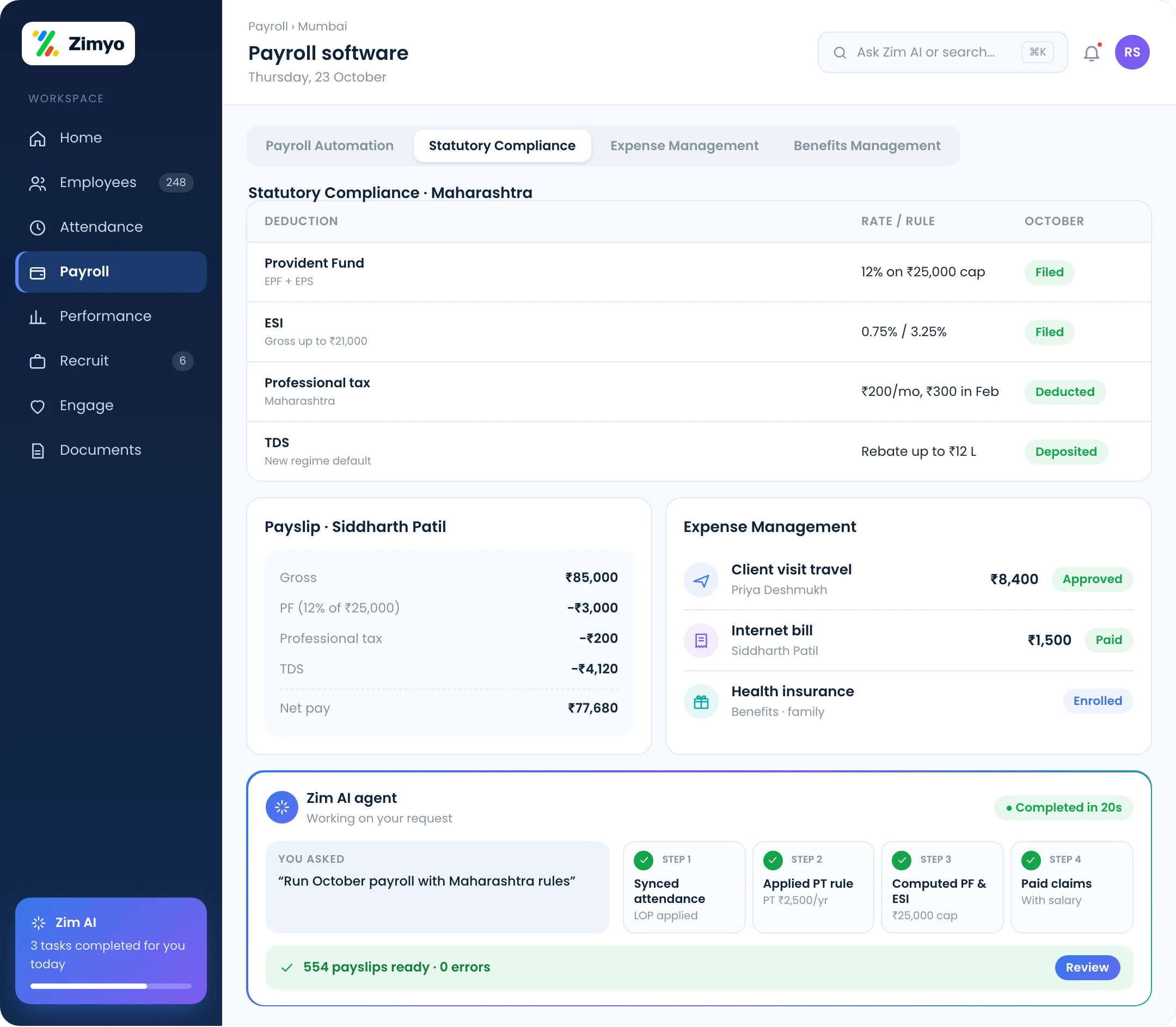 Zimyo payroll for Mumbai: automation, statutory compliance with Maharashtra professional tax rules, expenses and benefits