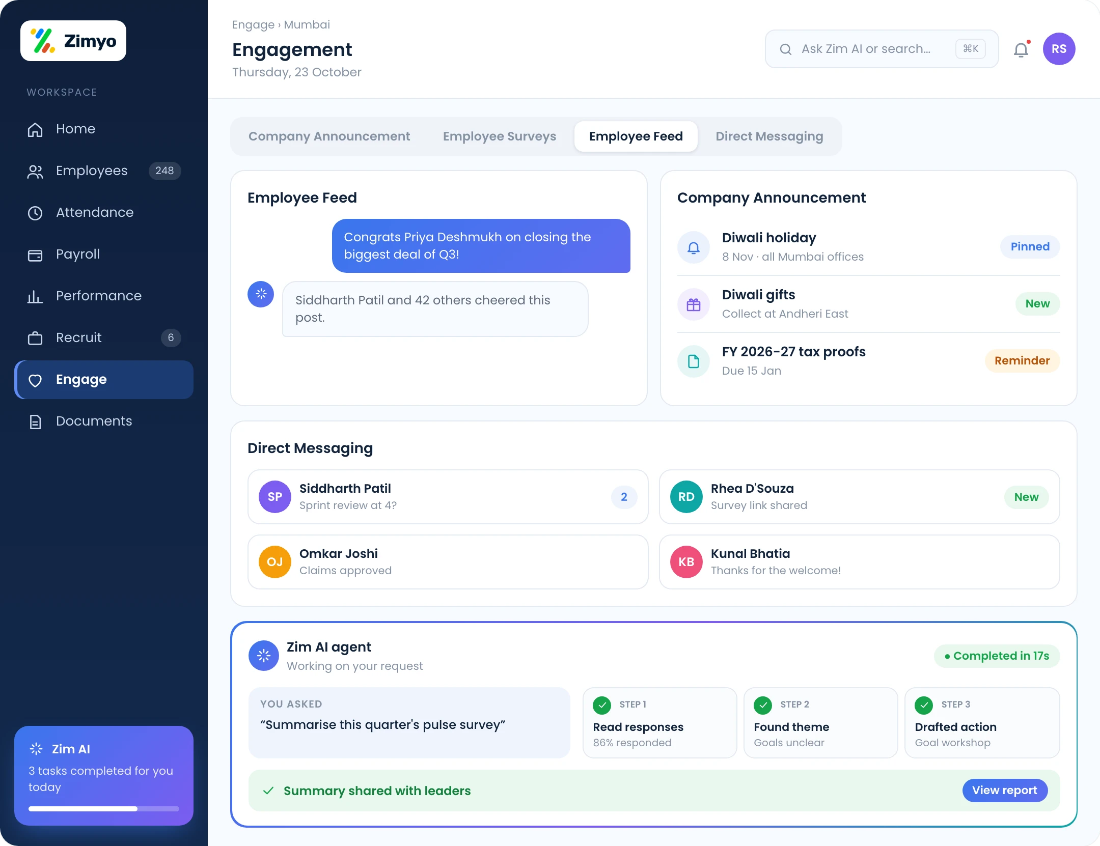 Zimyo engagement for Mumbai: company announcements, employee surveys, employee feed and direct messaging