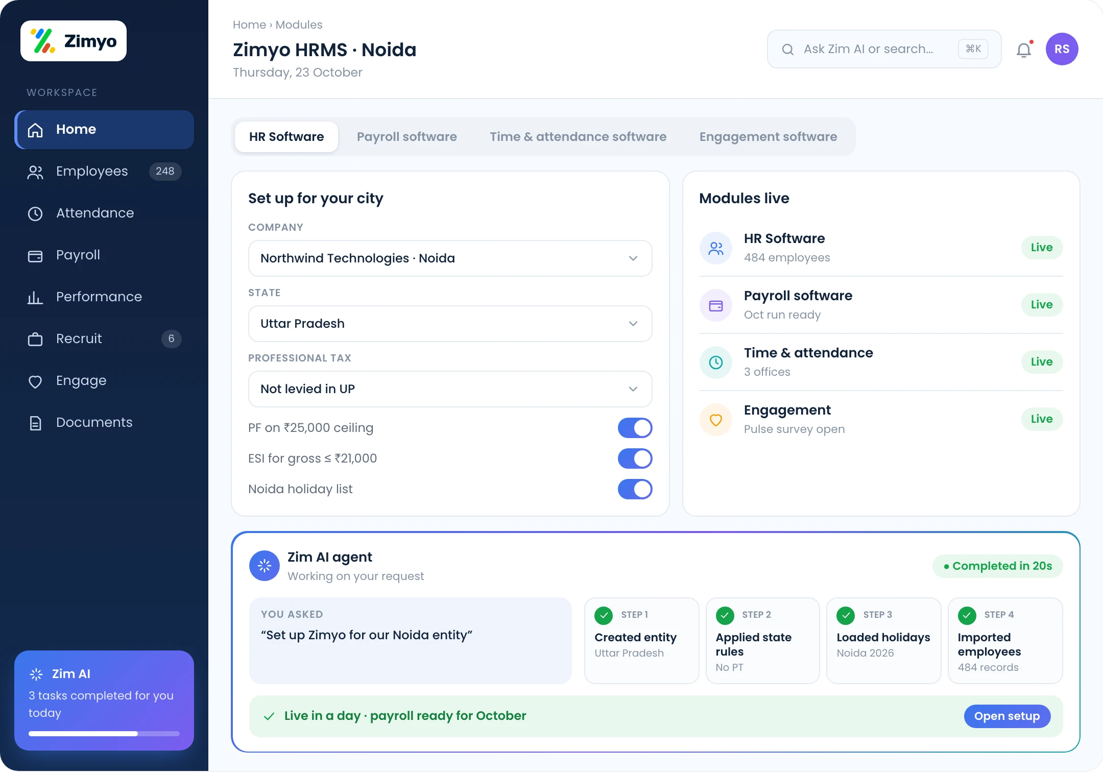 Zimyo HR and payroll software for Noida: one platform for HR, payroll, attendance and engagement