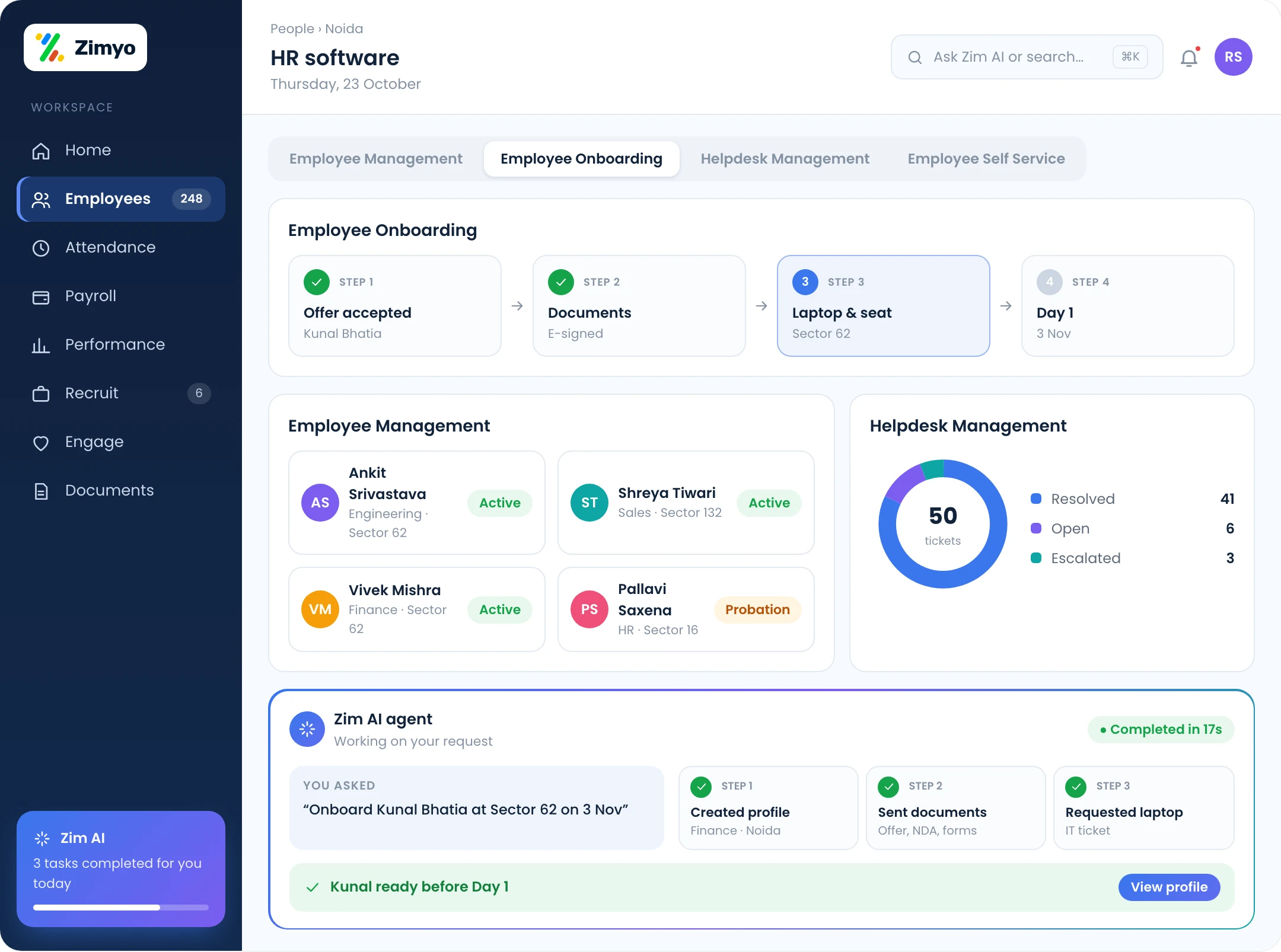 Zimyo HR software for Noida: employee management, onboarding, helpdesk and employee self service