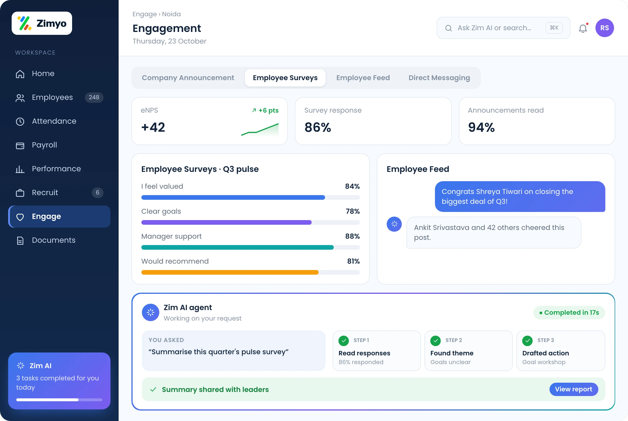 Zimyo engagement for Noida: company announcements, employee surveys, employee feed and direct messaging