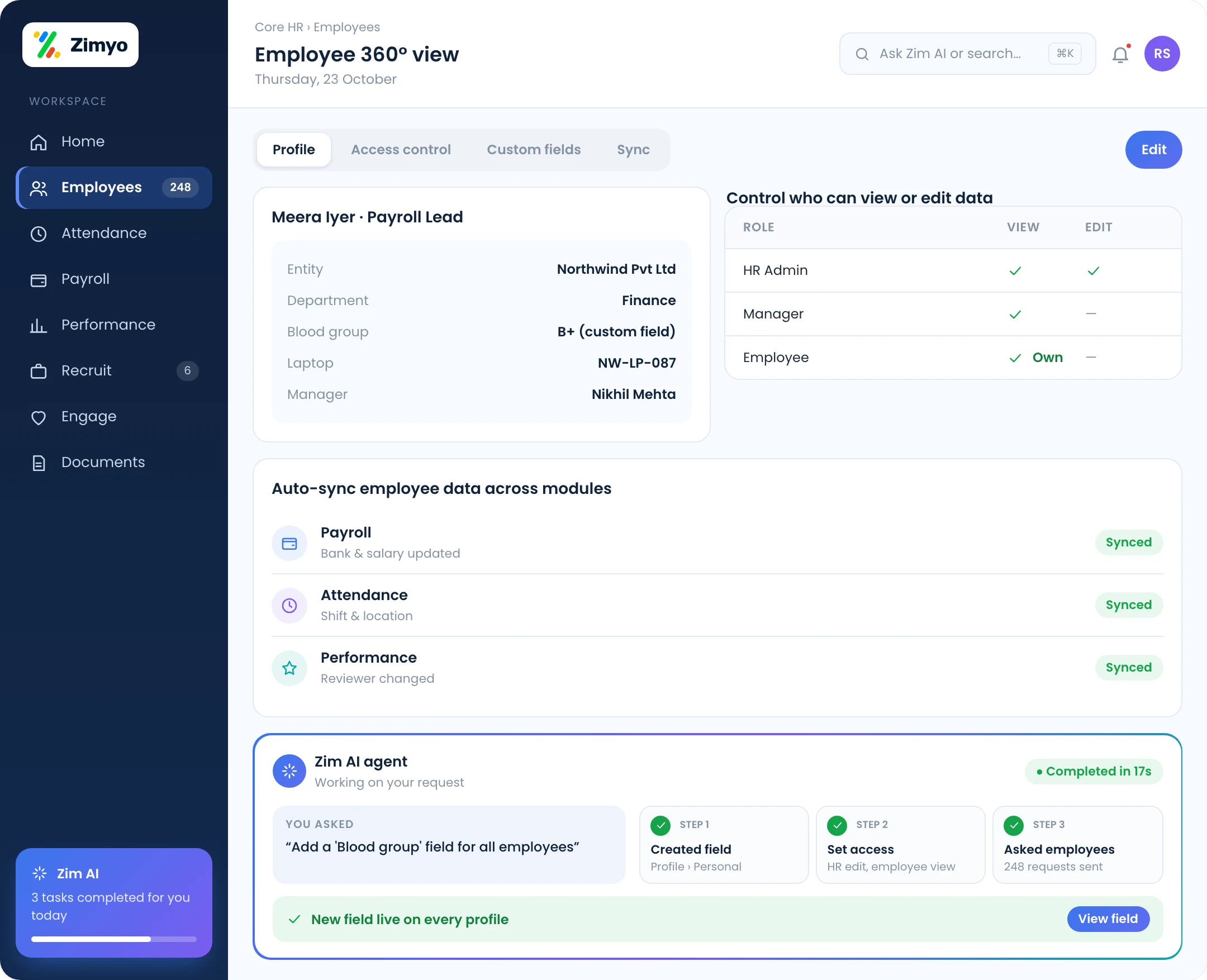 Core HR screen with a 360° employee view, role-based access, custom fields and data synced across modules