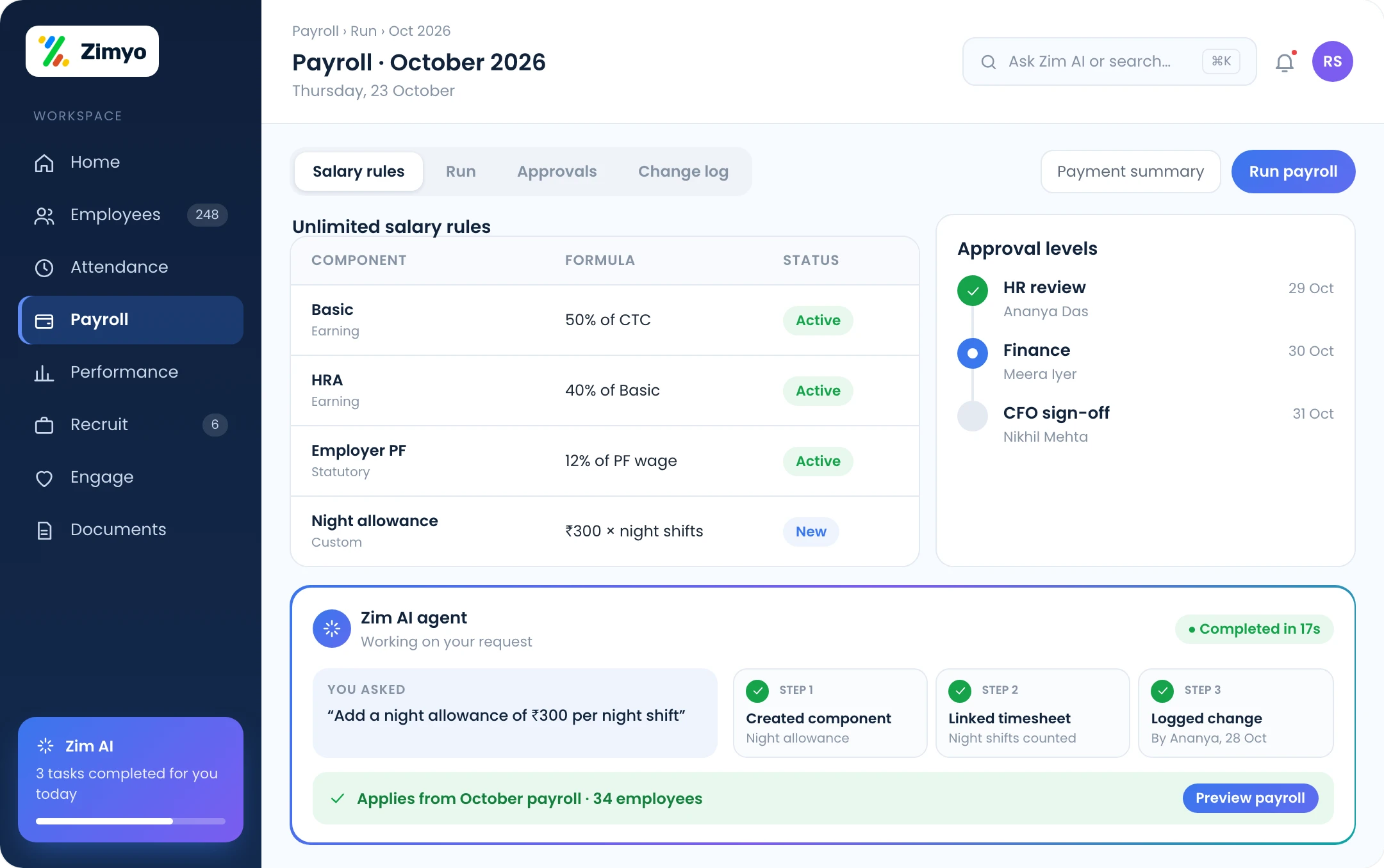 Payroll run screen with formula-based salary rules, approval levels and a log of payroll changes