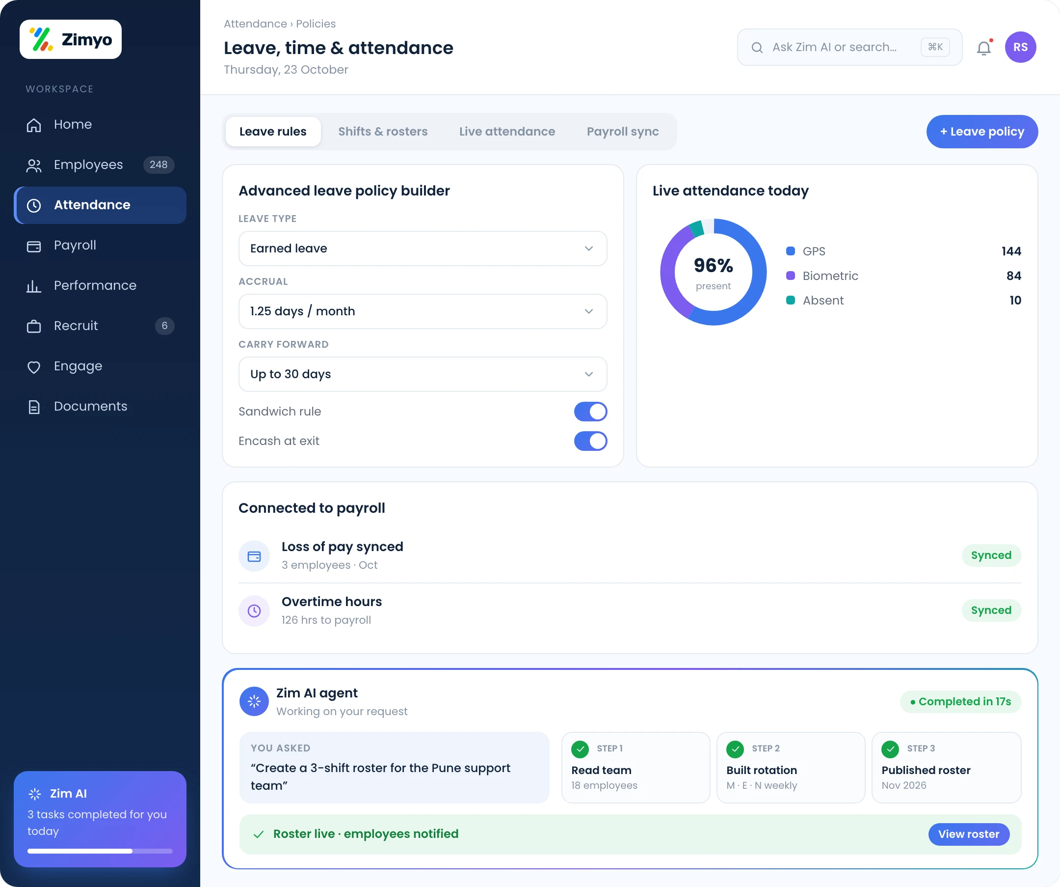 Leave and attendance screen with a leave policy builder, shift roster, GPS and biometric punches and payroll sync