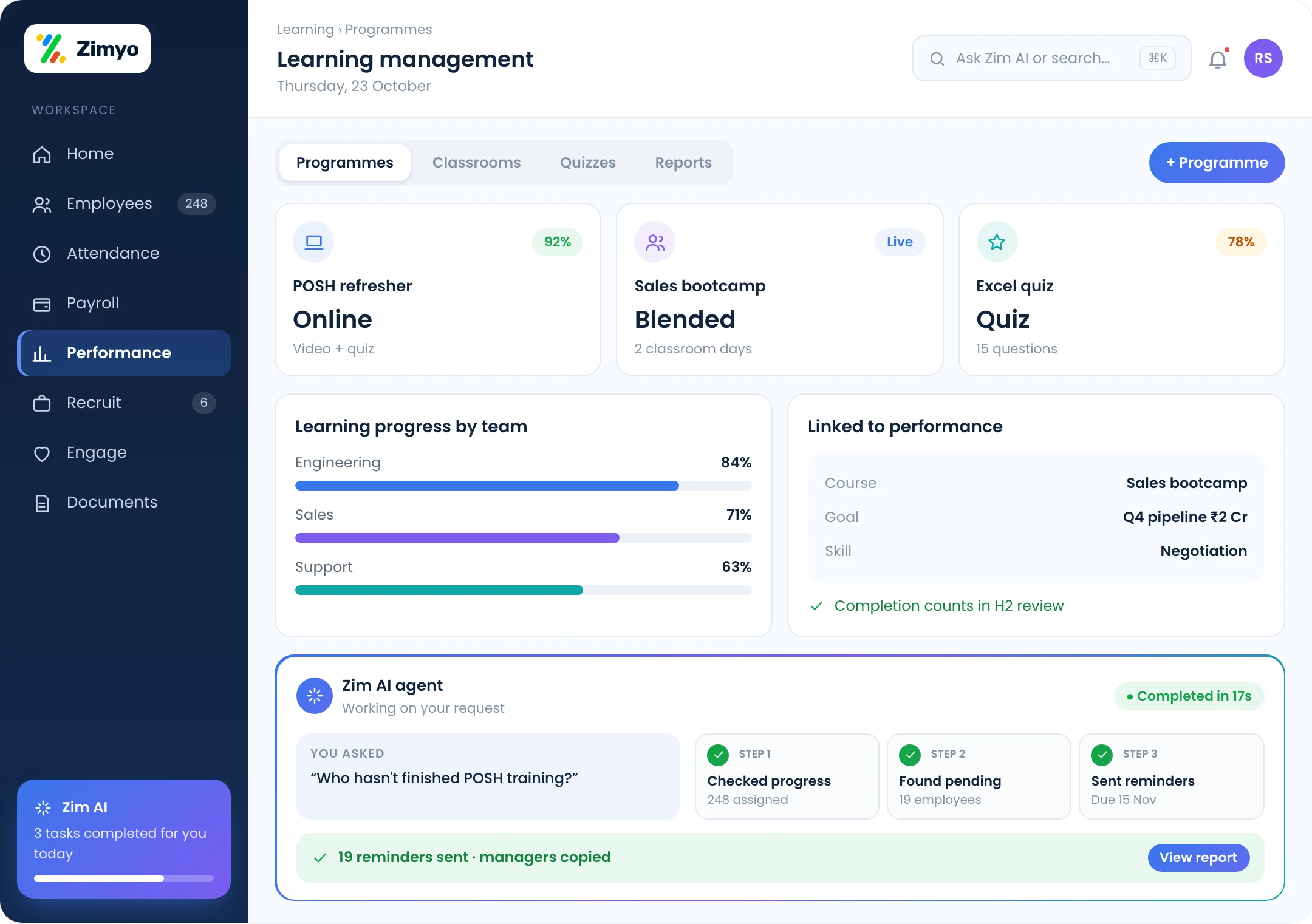 Learning screen with virtual classroom sessions, quizzes, blended programmes and learning progress reports