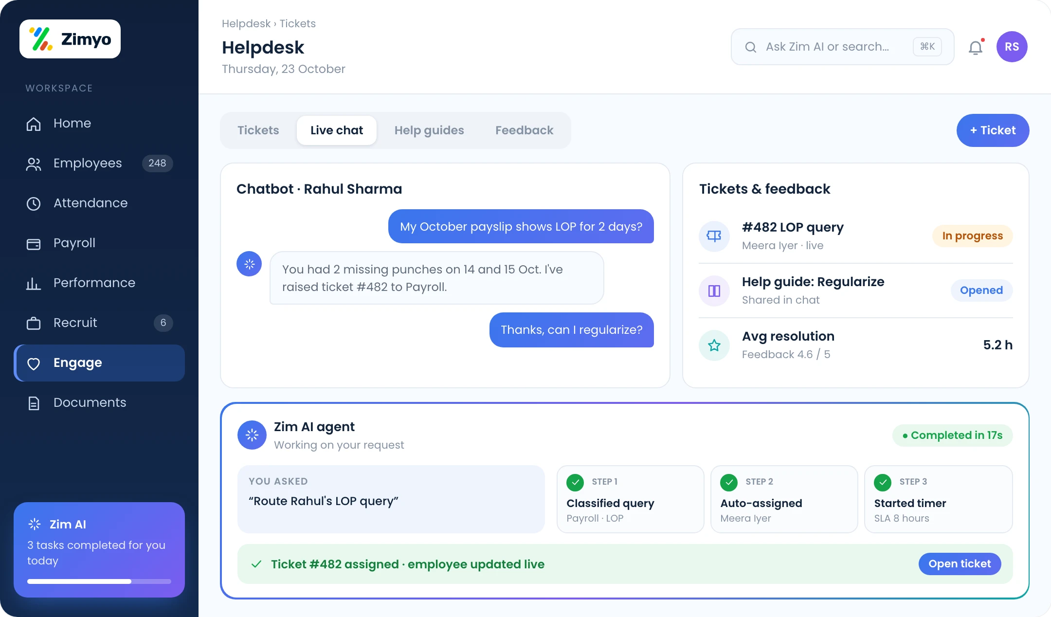 Helpdesk screen with an AI chatbot auto-assigning an employee query, live ticket updates and resolution time