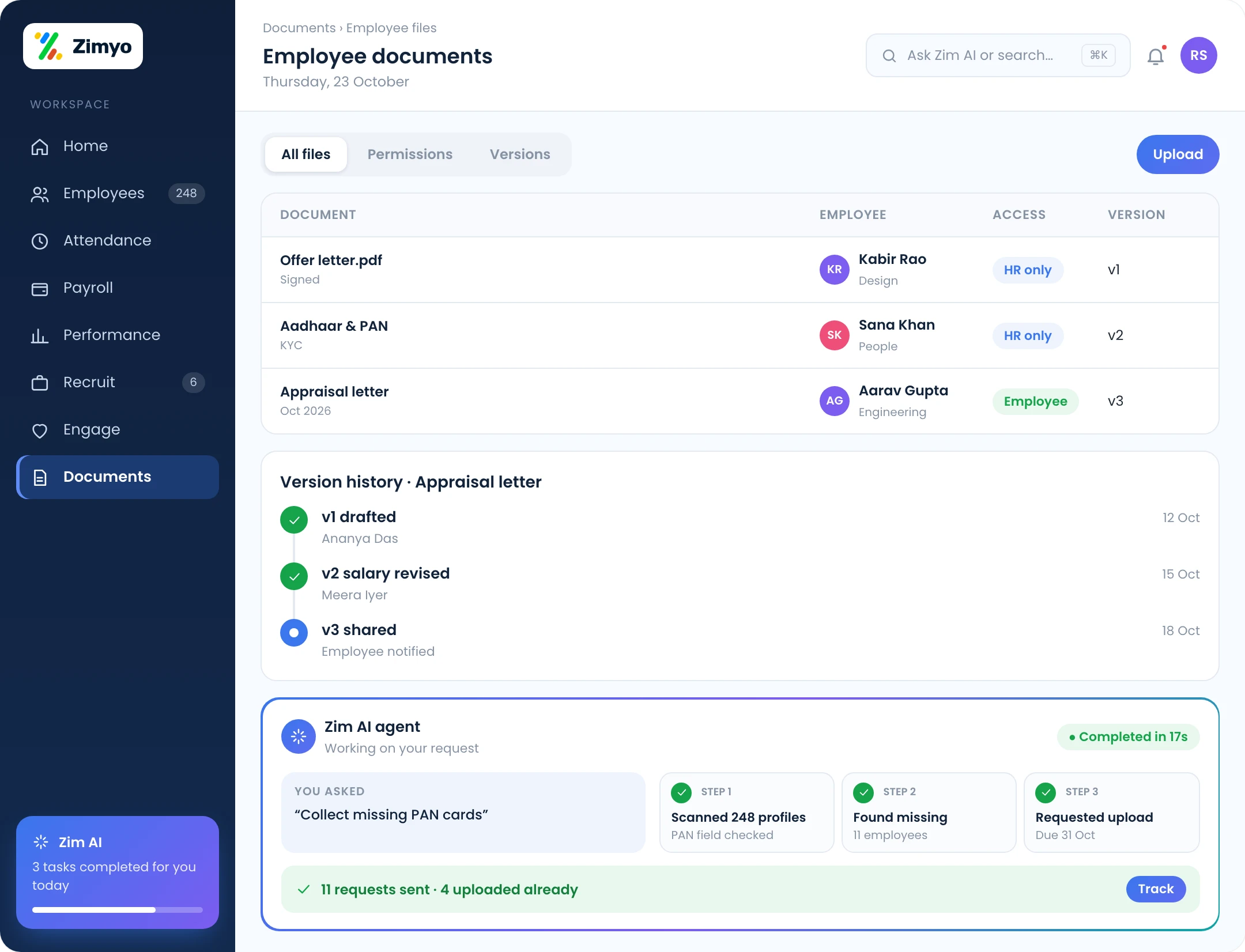 Document management screen storing employee documents with access permissions and version history