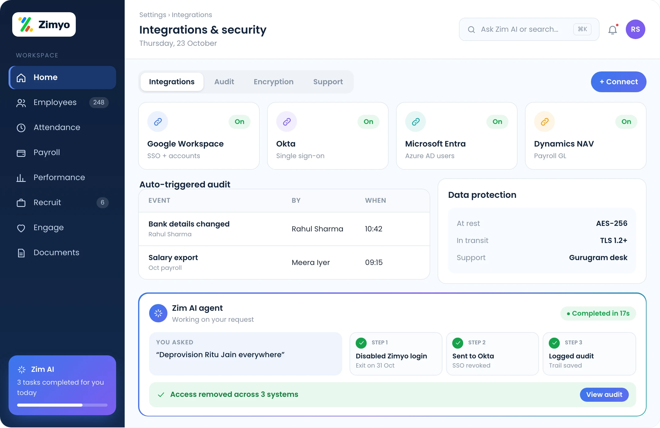 Integrations screen with Google Workspace, Okta, Azure and Microsoft Dynamics NAV connected, encryption and audit log