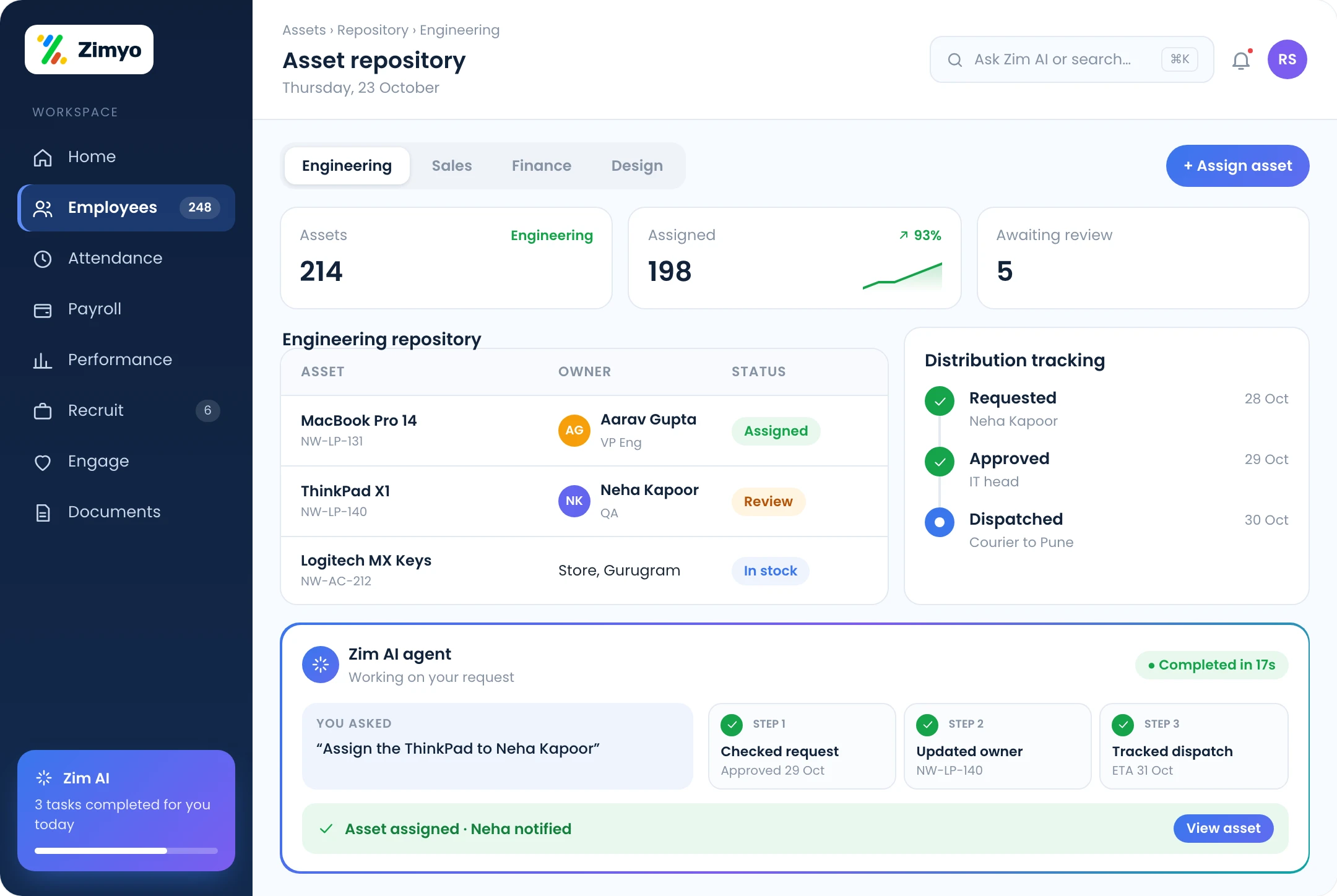 Department asset repository with assets assigned, pending reviews and distribution tracking