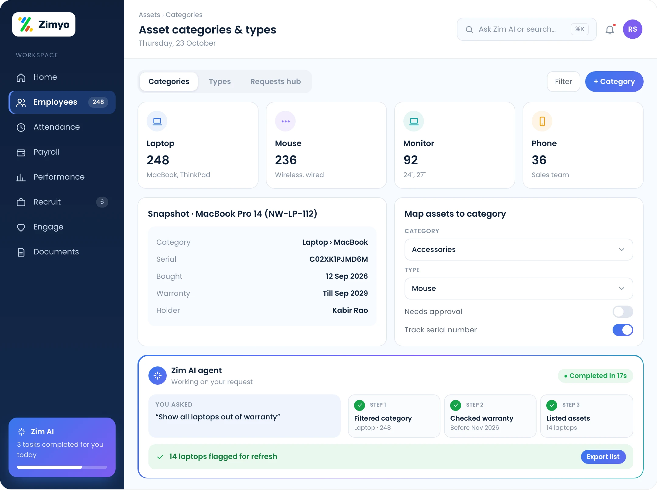 Asset categories screen grouping laptops, mice, monitors and phones with filters and an asset snapshot