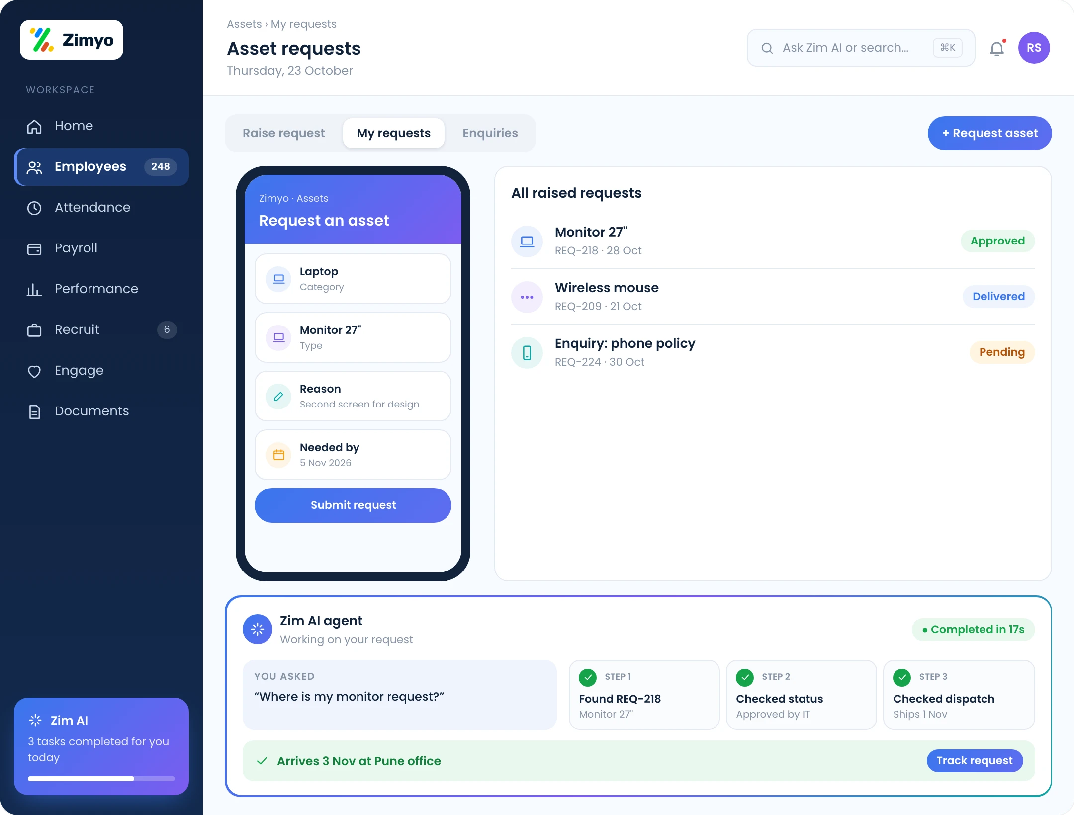 Employee app raising a one-click asset request by category, with request status tracking