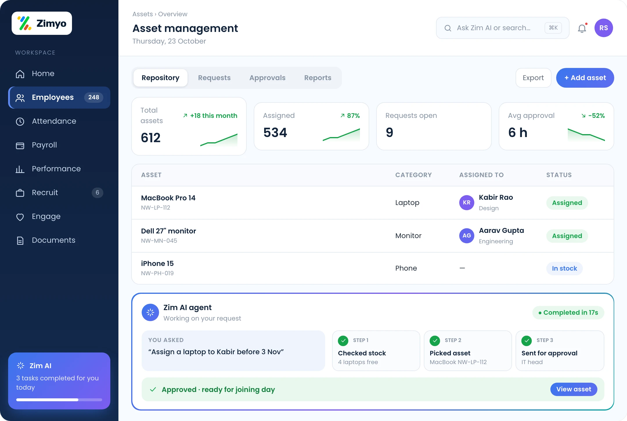 Zimyo asset management: one repository of company assets, one-click requests, approvals and live reports