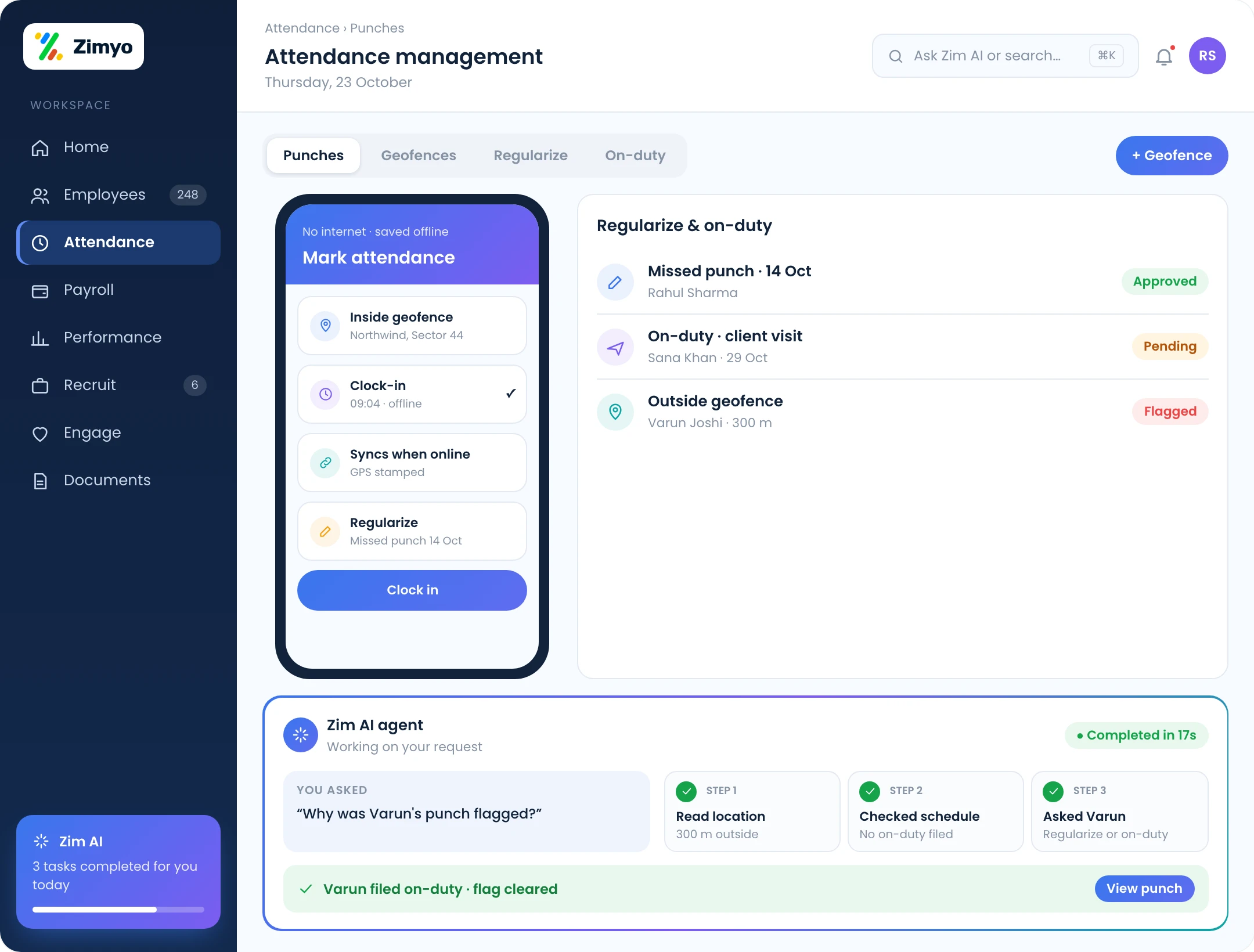 Mobile attendance with offline marking inside a geofence, live location and a regularization request