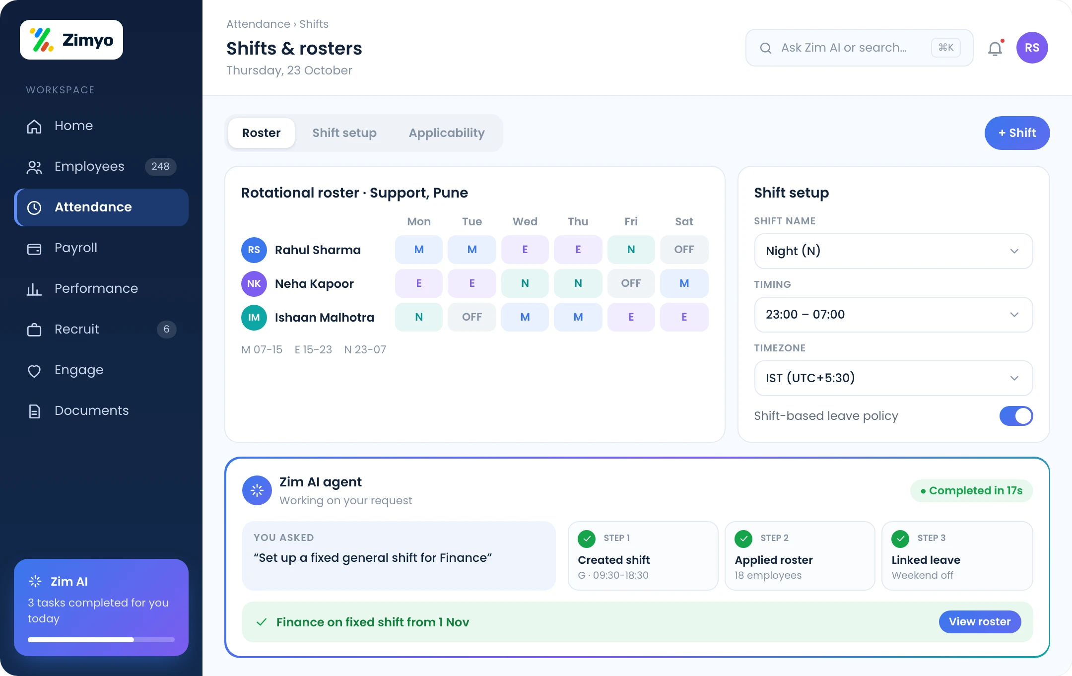 Shift roster with rotational and fixed shifts, shift timings, timezone and roster applicability