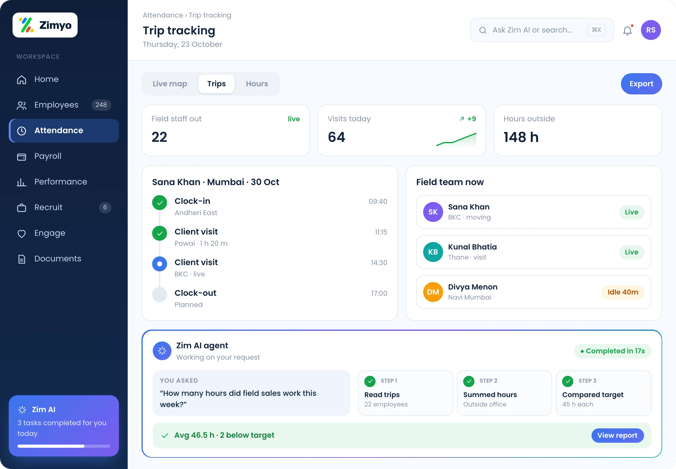 Trip tracking for field employees with live locations, visits and hours worked outside the office
