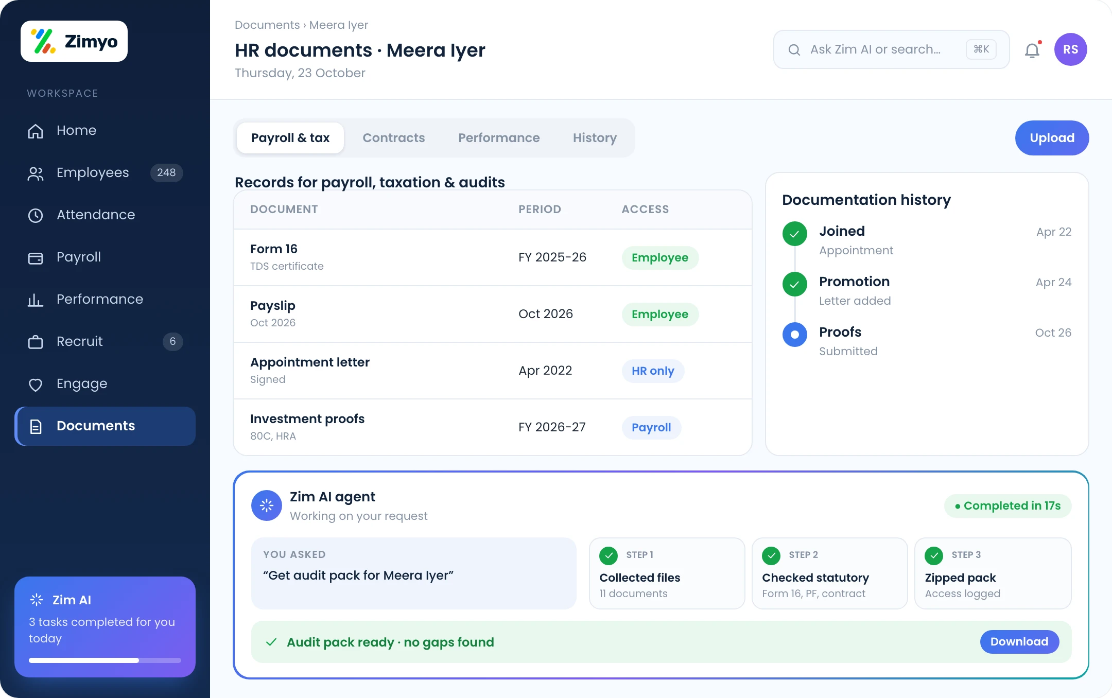 HR documents for one employee: payroll files, contracts and appointment letters with history and role-based access