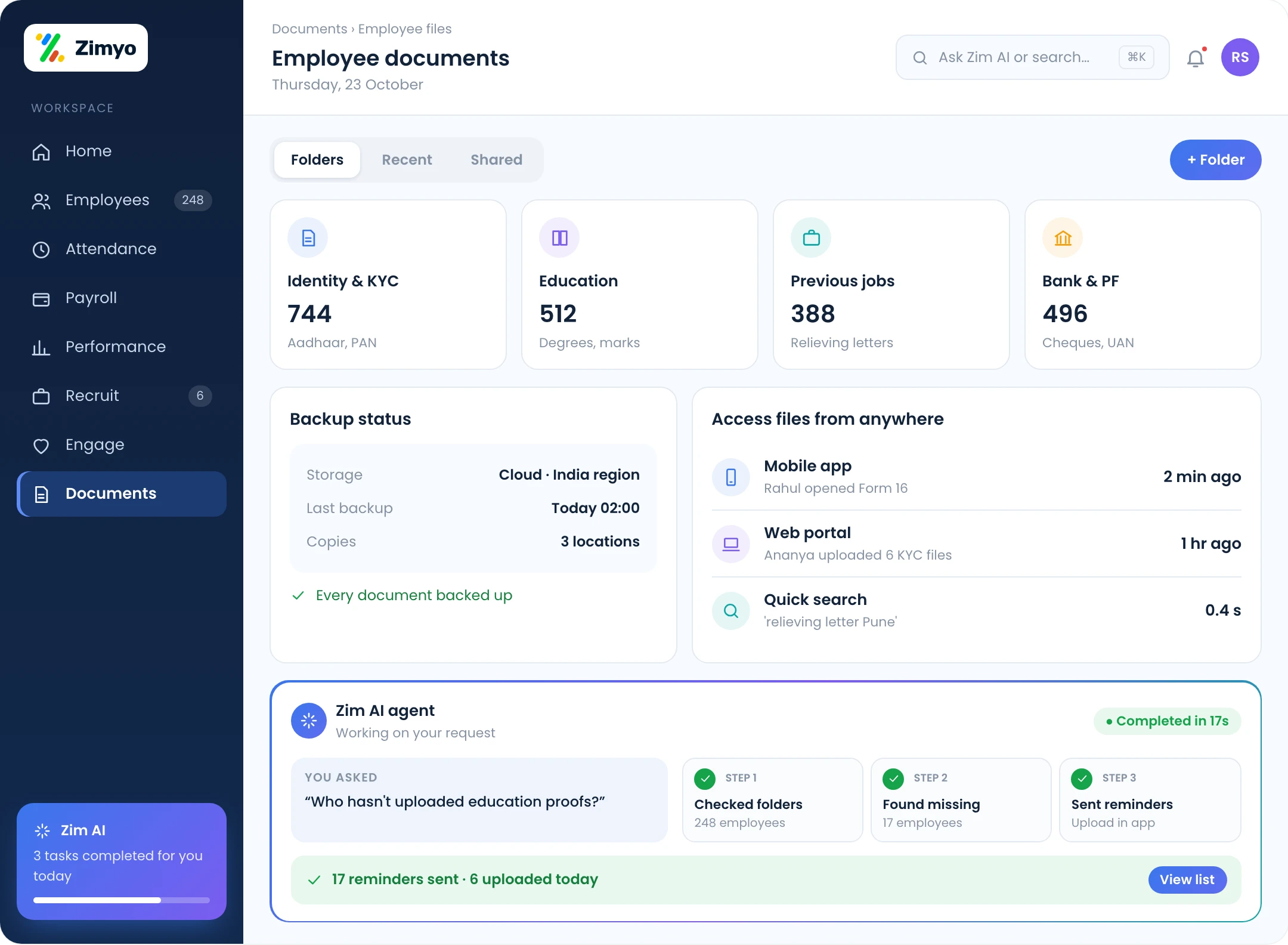 Cloud folders of employee documents organised by type, with backup status and mobile access