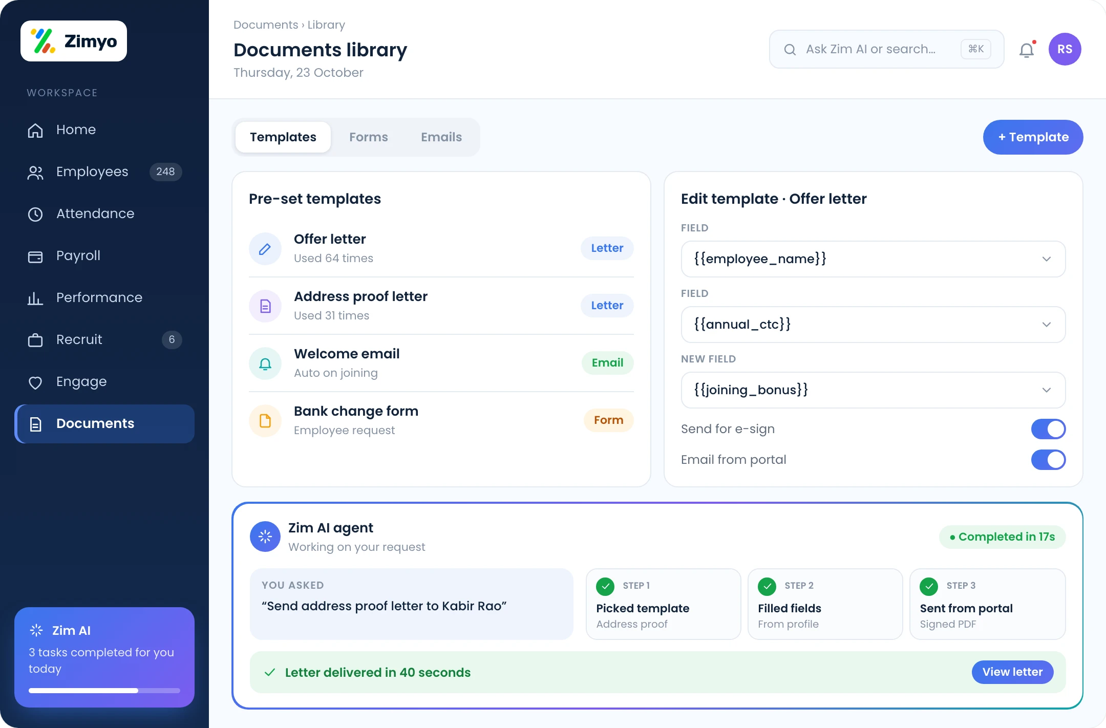 Documents library with pre-set letter and email templates, custom fields and send from portal