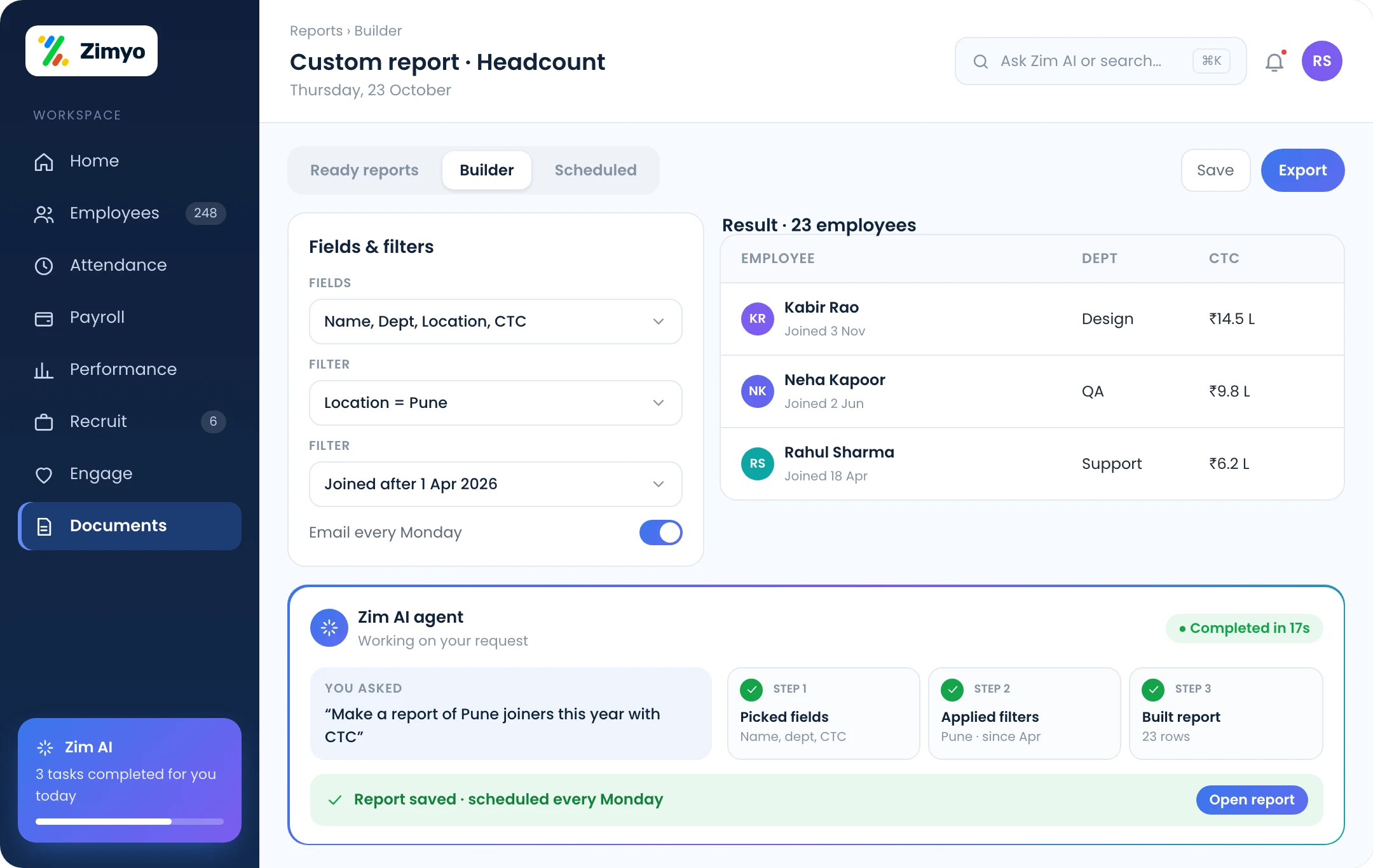Custom HR report builder with selected fields, filters and an auto-scheduled report