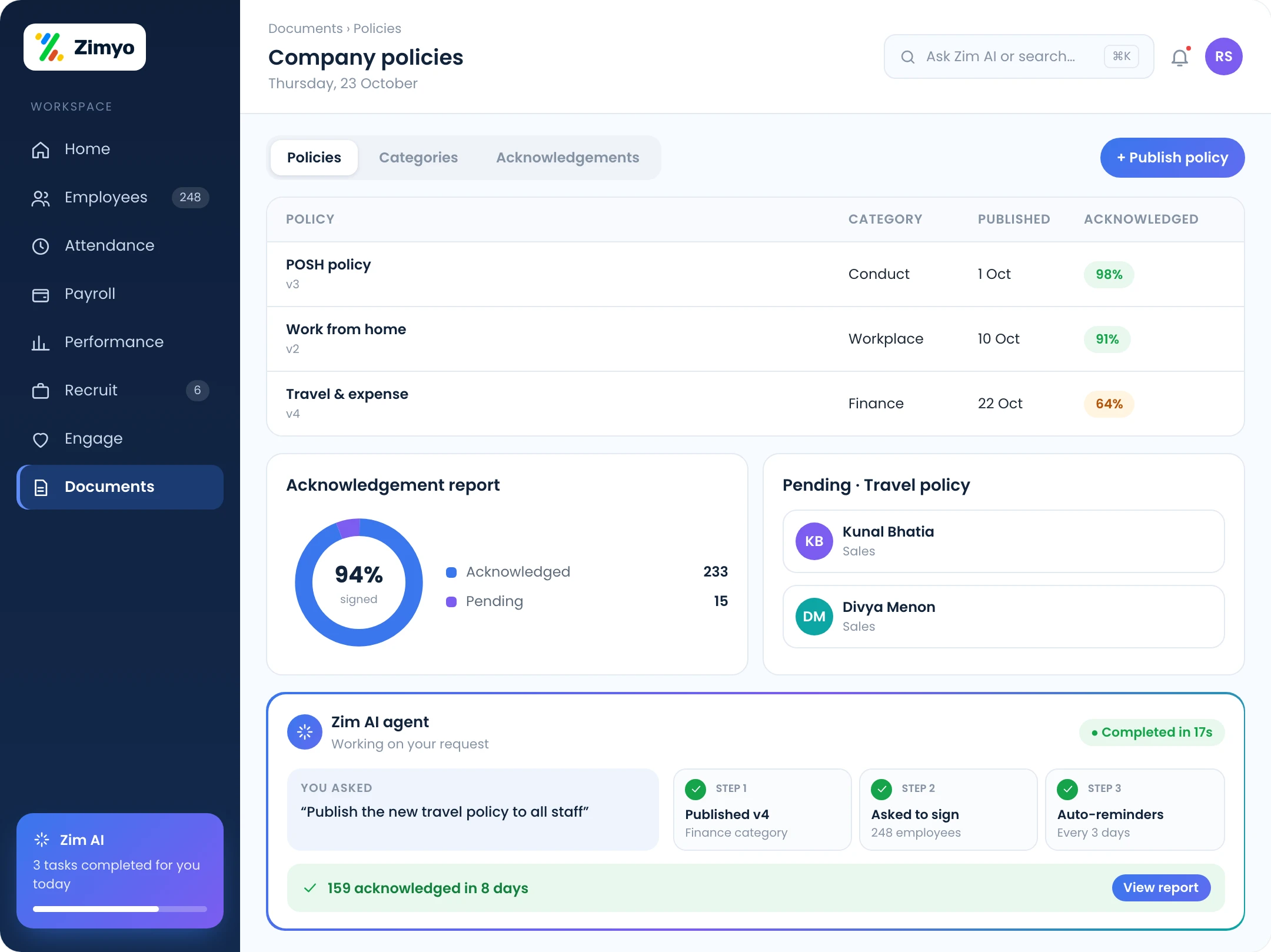 Company policies by category with digital acknowledgements and an acknowledgement compliance report