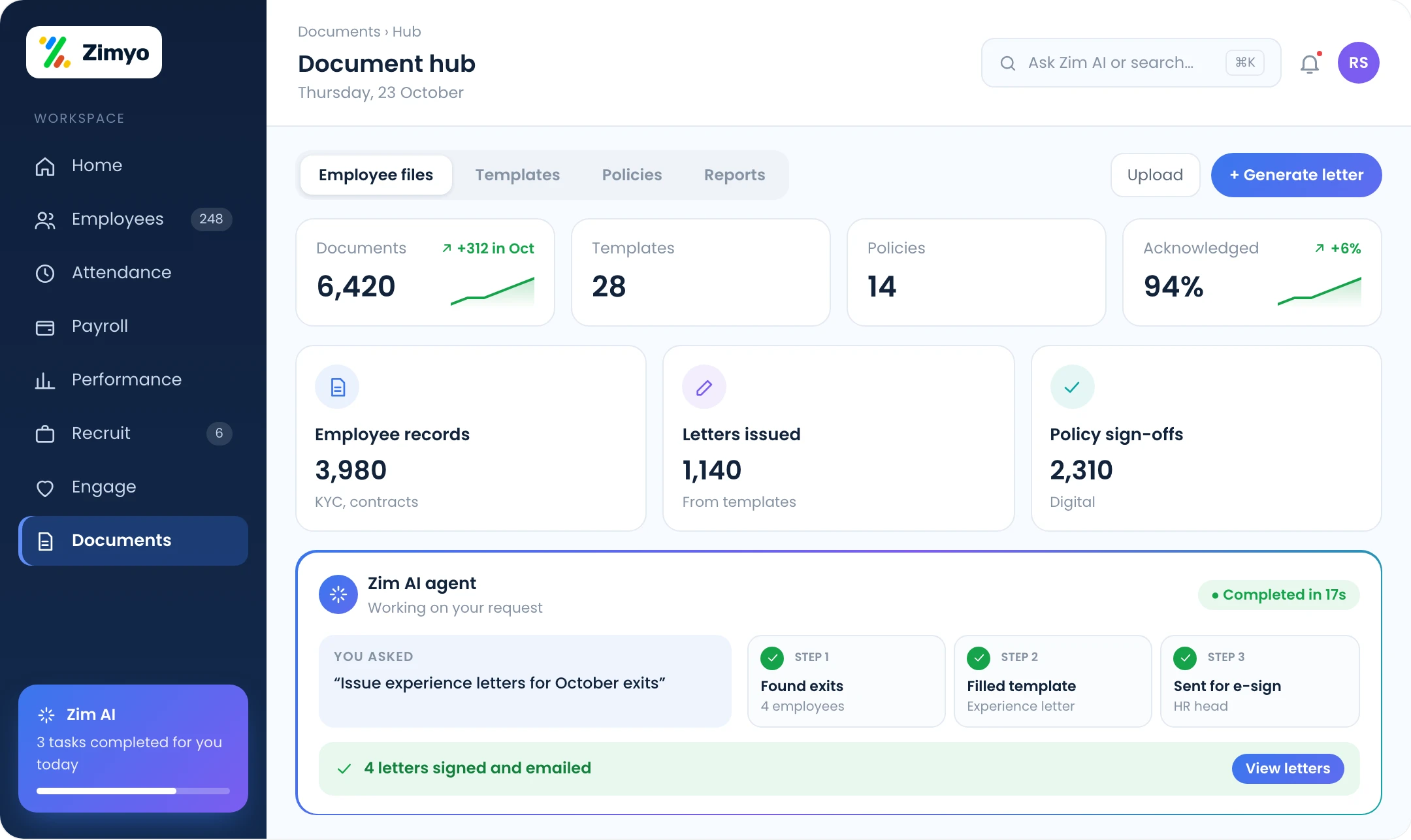 Zimyo document management: every employee document in one hub, templates and letters, policy acknowledgements