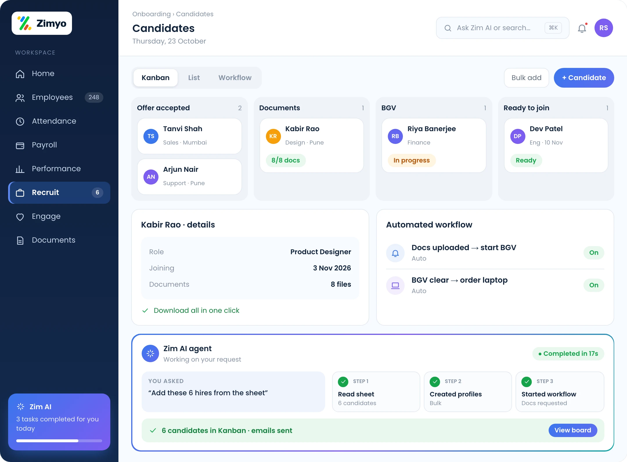 Candidates in a Kanban board across a custom onboarding workflow, with candidate details and documents