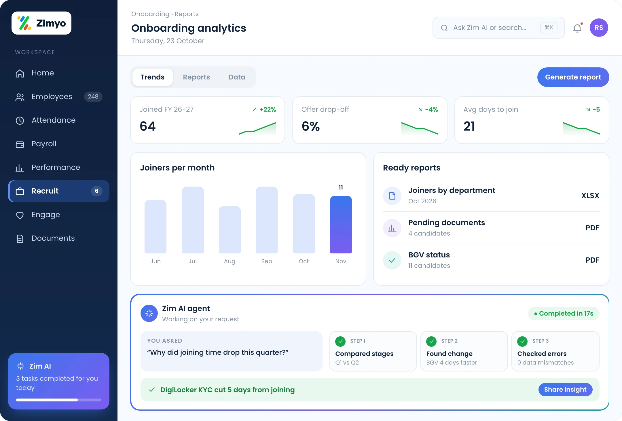 Onboarding analytics dashboard with joiner trends, drop-offs and one-click reports