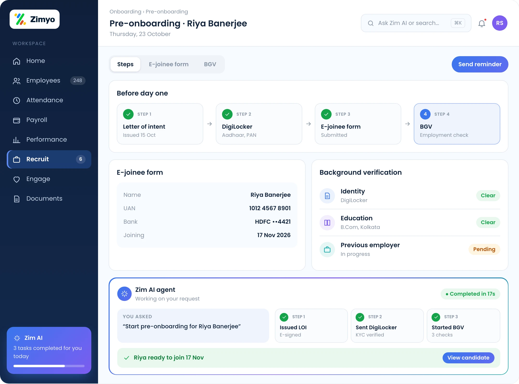 Pre-onboarding steps: DigiLocker verification, e-joinee form, background verification and letter of intent