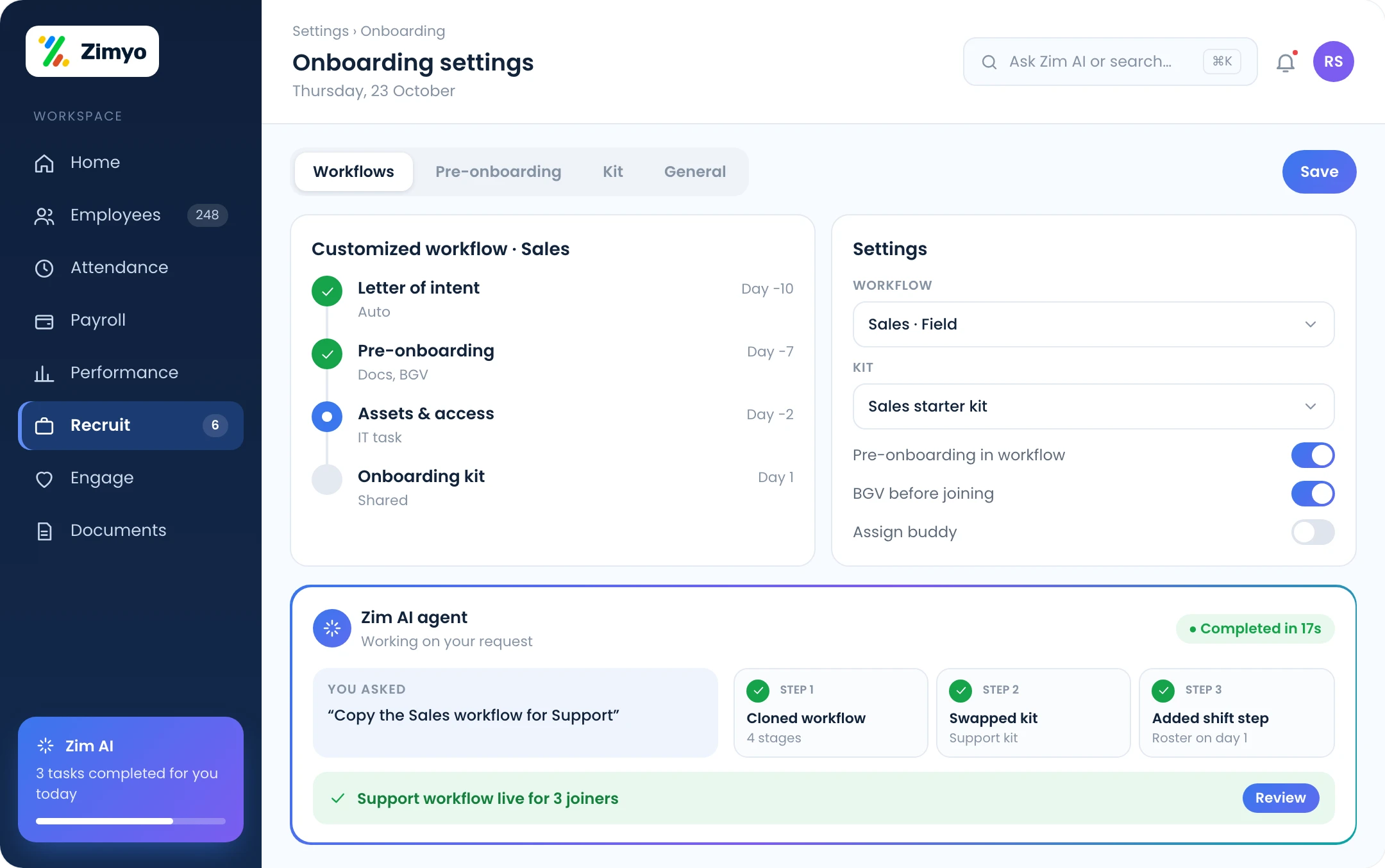 Onboarding configuration with a custom workflow, pre-onboarding steps and kit settings