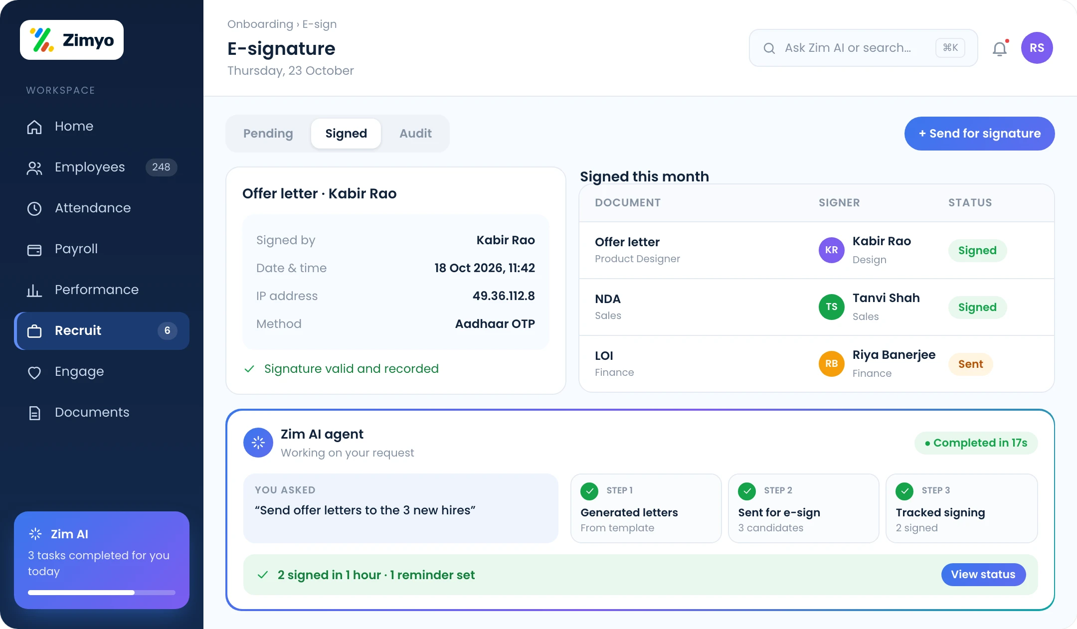 E-signature of an offer letter with signer identity, timestamp and IP address captured