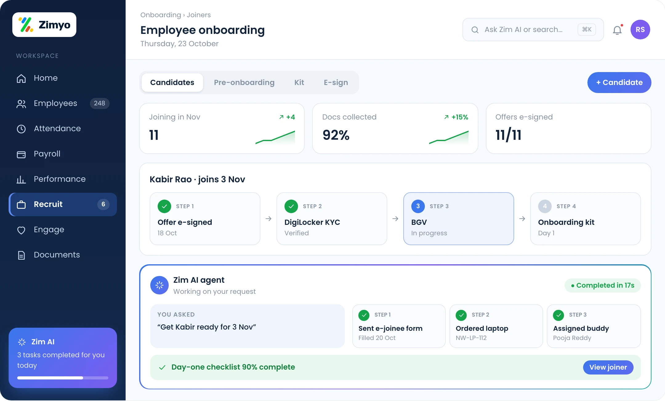 Zimyo onboarding: candidate workflows, pre-onboarding, onboarding kit and paperless e-signatures