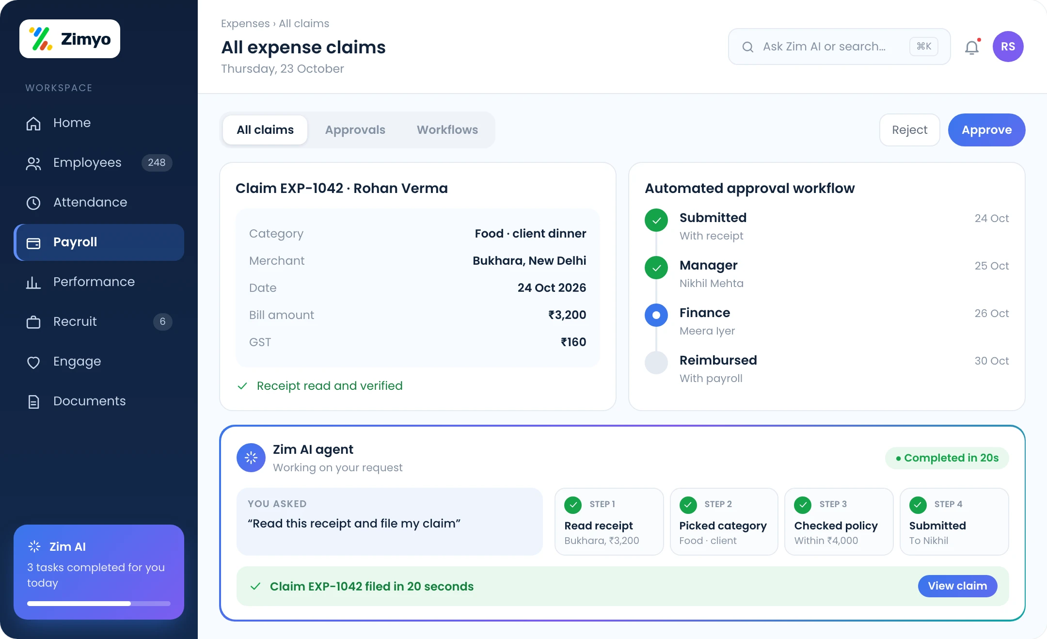 Unified expense dashboard with all claims, receipt details captured and an automated approval workflow