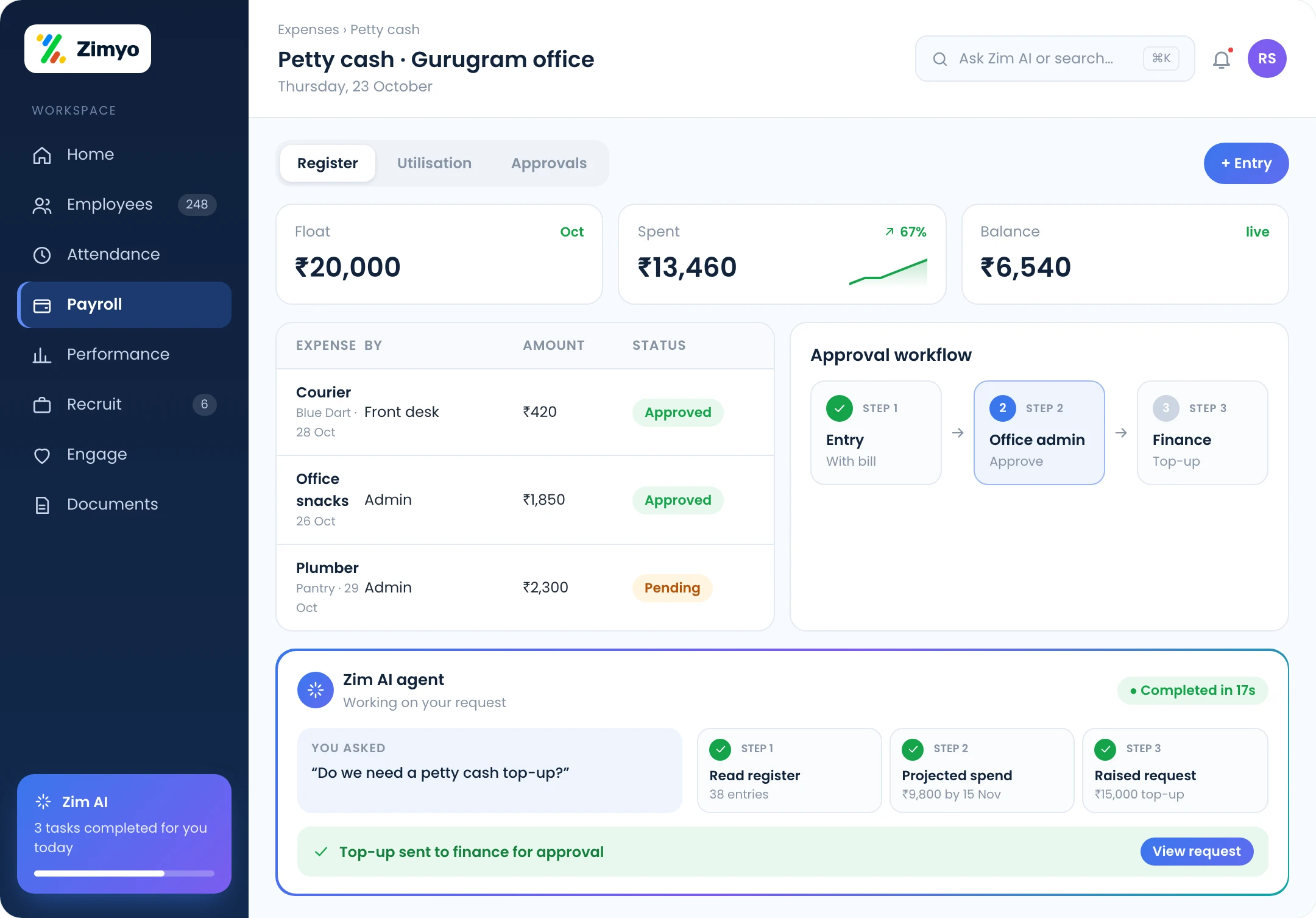 Petty cash register with digital entries, real-time balance and approval workflow