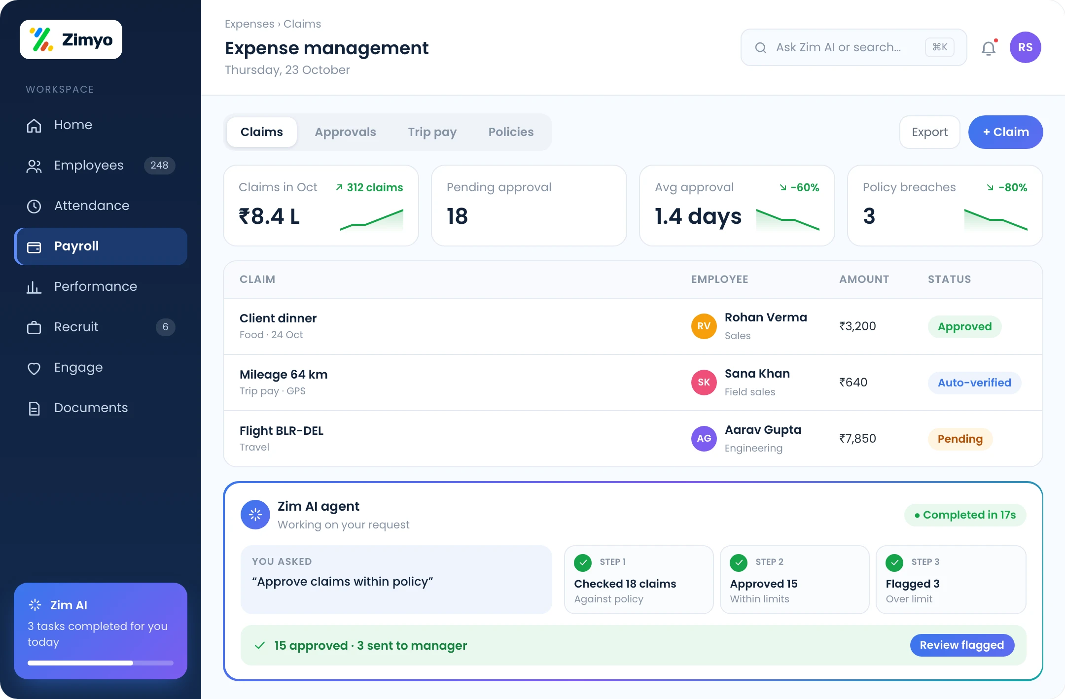 Zimyo expense management: all claims in one place, automated approvals and GPS mileage reimbursement