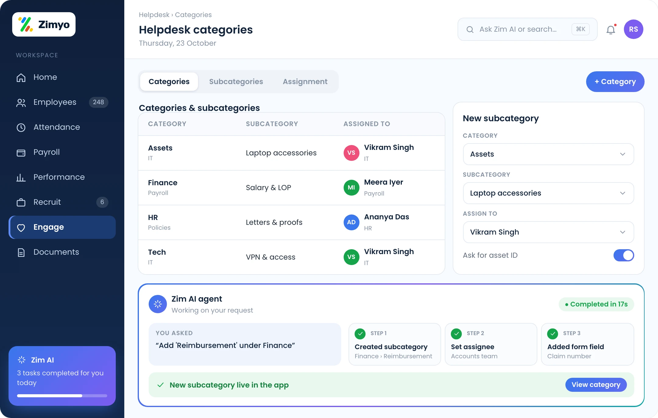 Helpdesk categories branched into subcategories such as Assets › Laptop accessories with pre-defined assignees