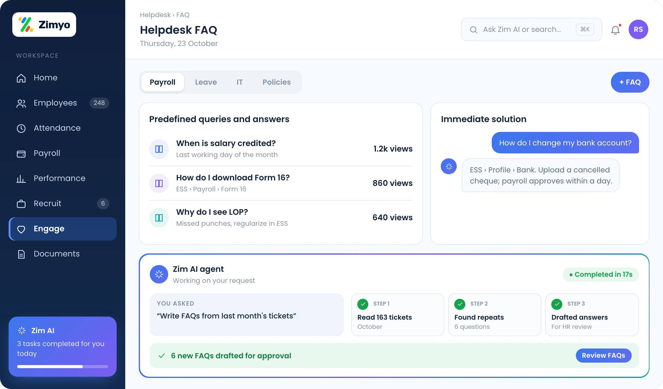 Helpdesk FAQ library by category with predefined answers and an employee getting an instant answer