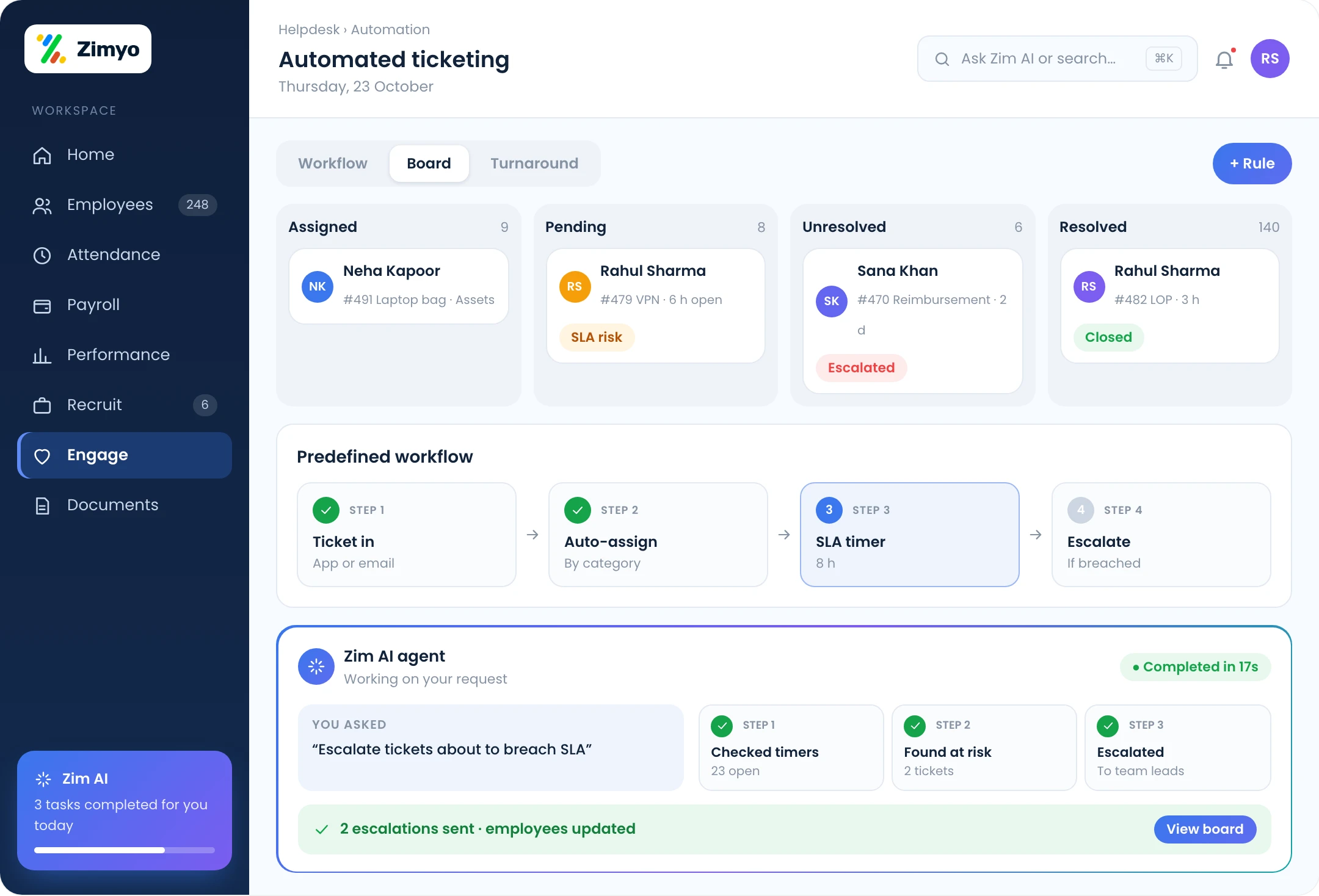 Automated ticketing with a predefined workflow, assigned, pending and unresolved tickets and turnaround monitoring