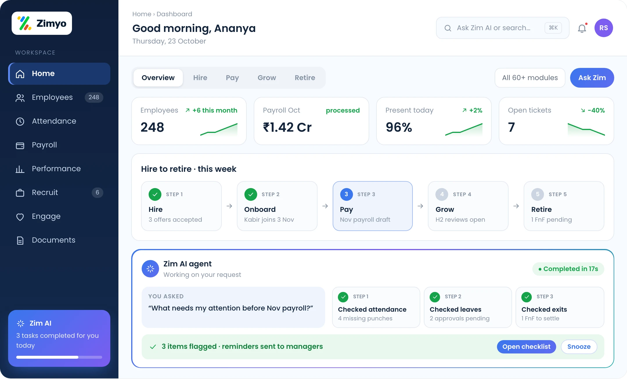 Zimyo HR software home: one platform from hire to retire with 60+ modules, automation and AI insights