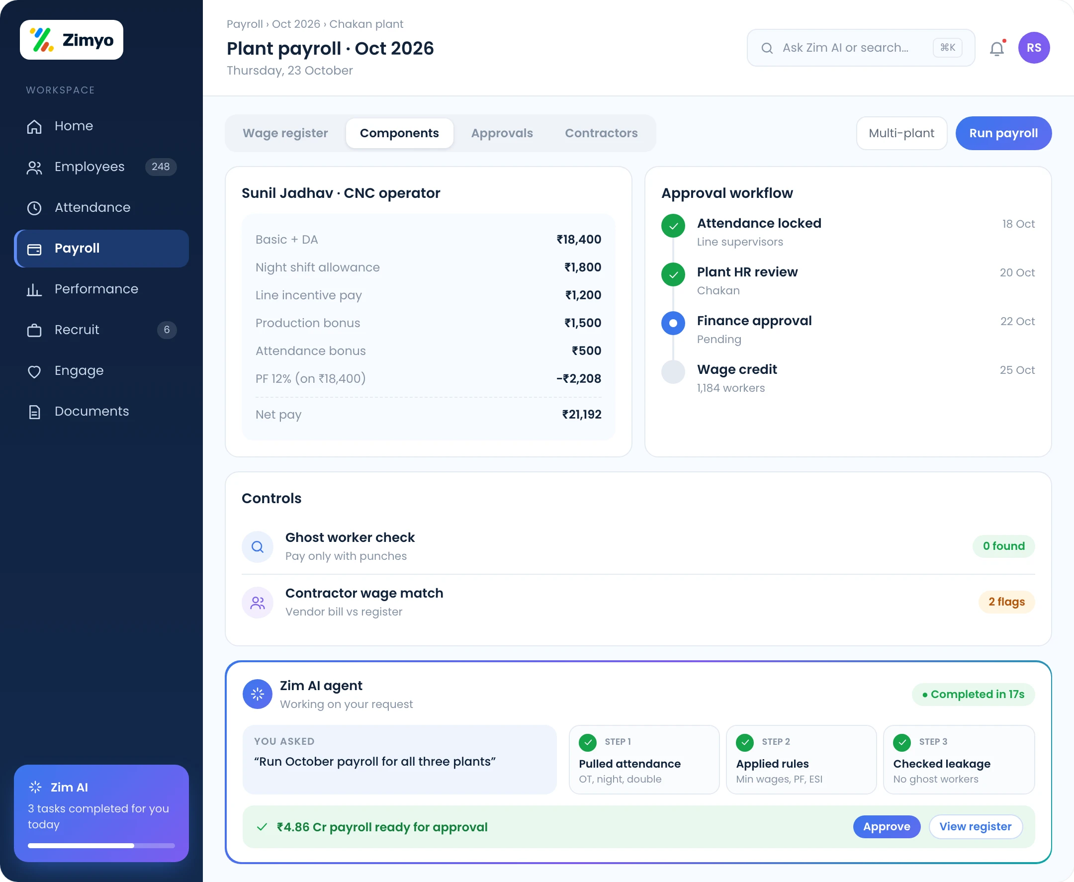 Automotive payroll: night shift allowance, line incentive, production bonus and PF, ESI on plant wages