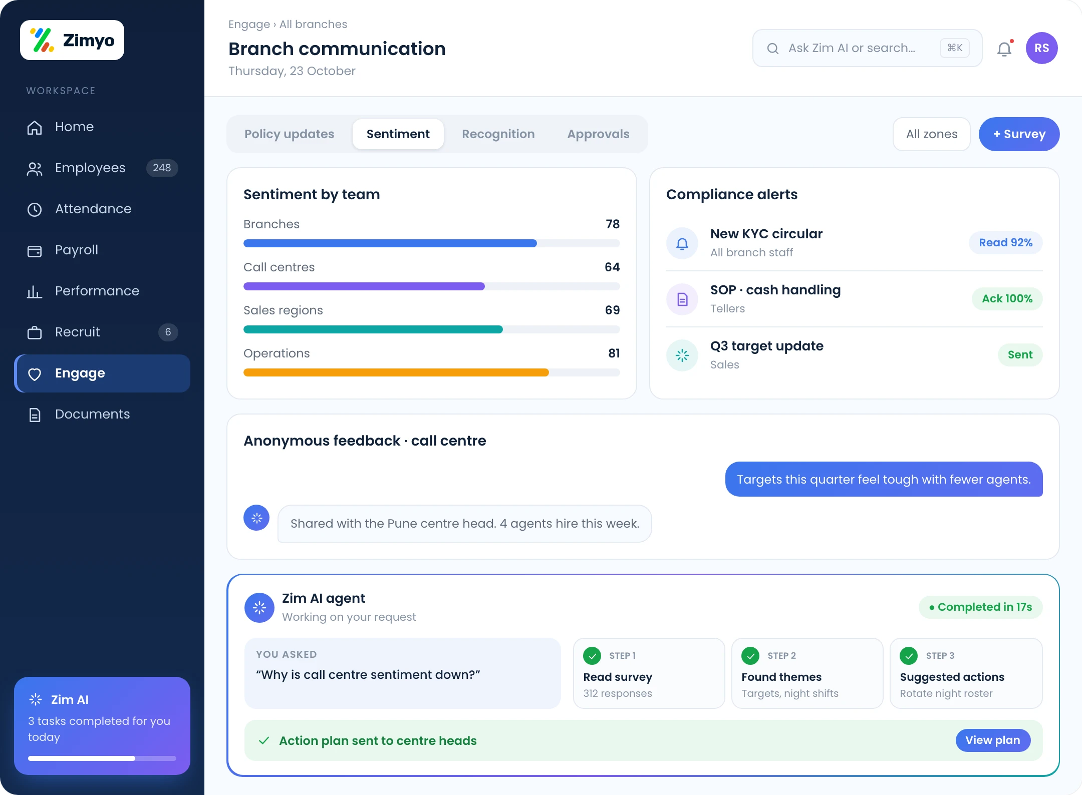 BFSI engagement: compliance alerts and policy updates, anonymous feedback and branch sentiment