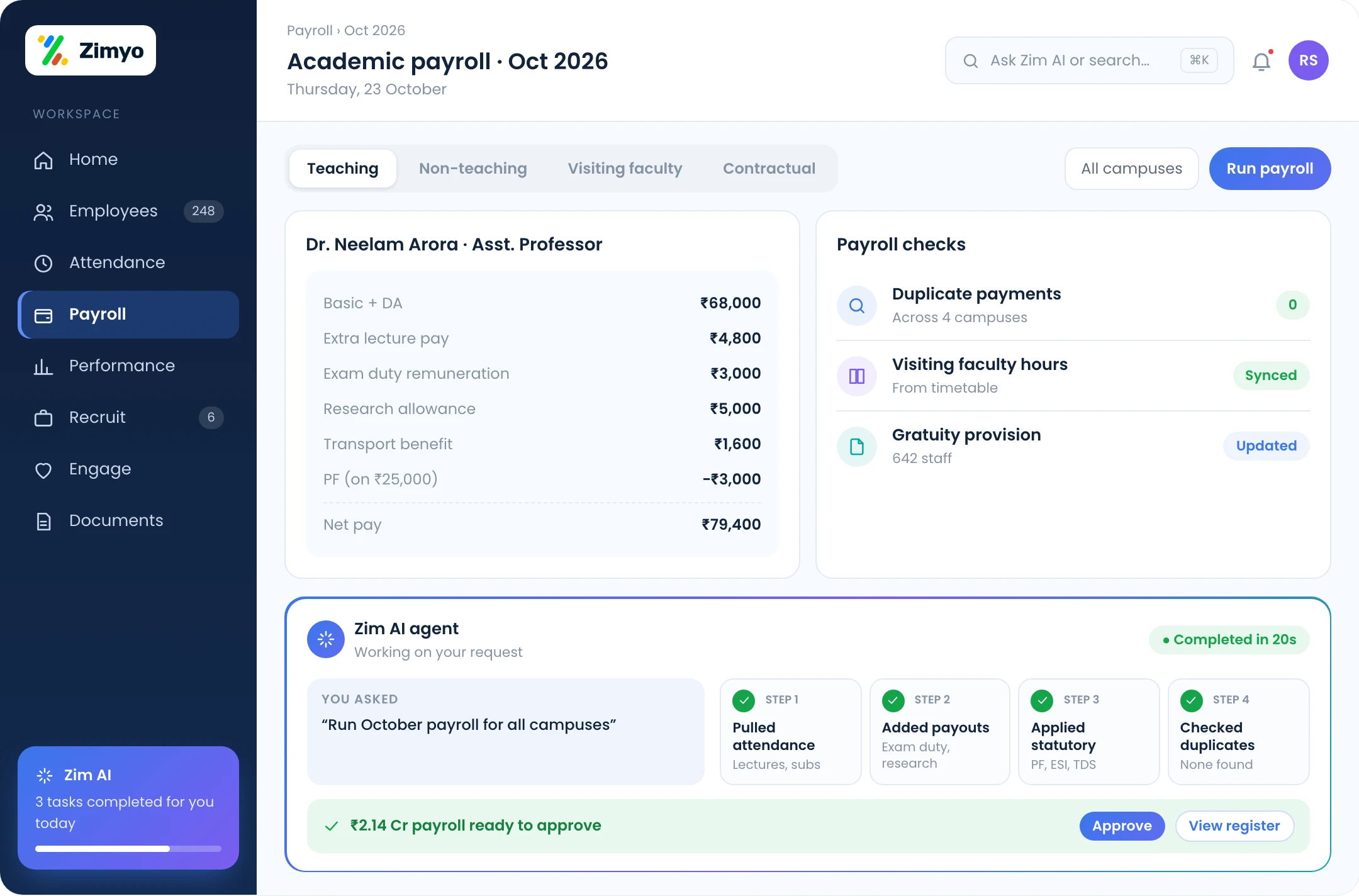 Education payroll: teaching hour pay, exam duty remuneration and PF, gratuity for teaching and non-teaching staff